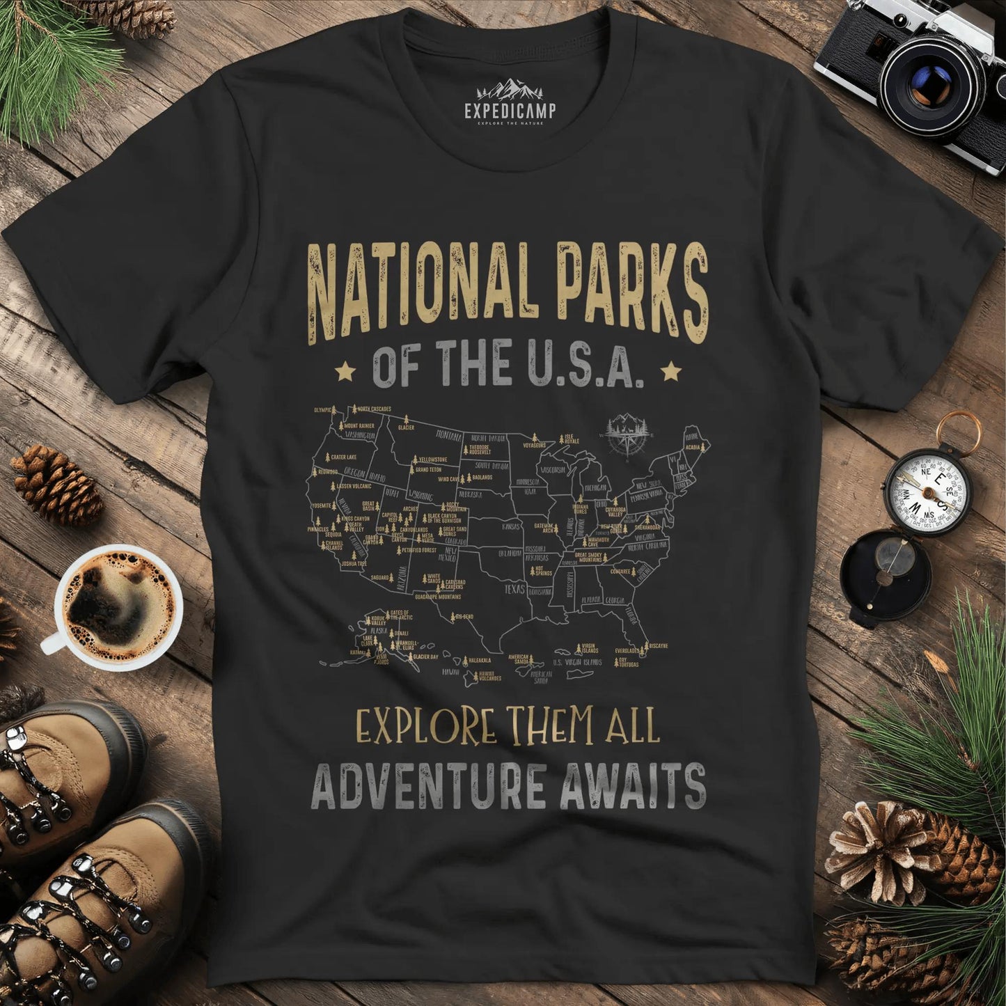 63 National Parks Of The USA Map T-Shirt – Black – Outdoor apparel for travel, hiking, camping, and nature lovers – ExpediCamp