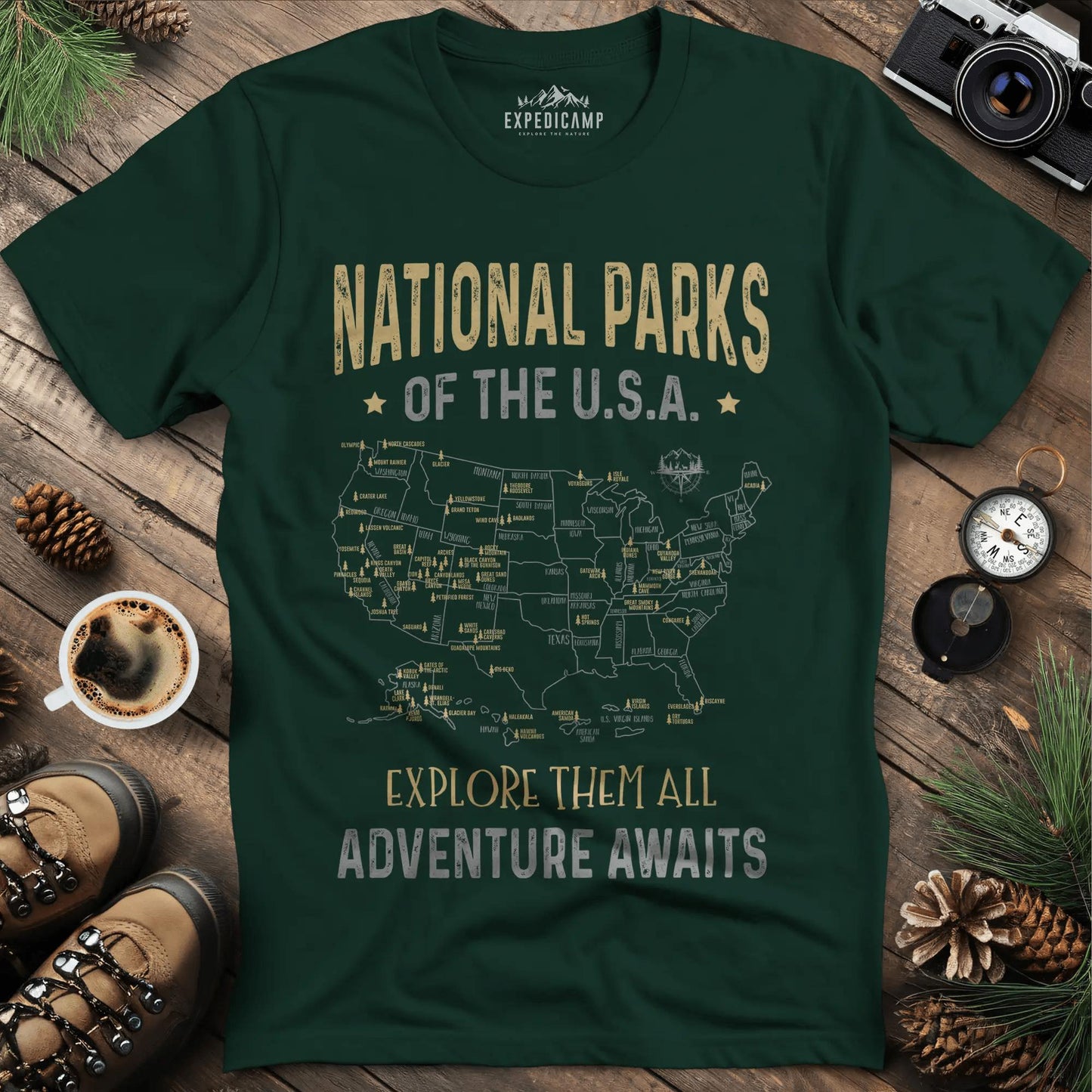 63 National Parks Of The USA Map T-Shirt – Forest Green – Outdoor apparel for travel, hiking, camping, and nature lovers – ExpediCamp