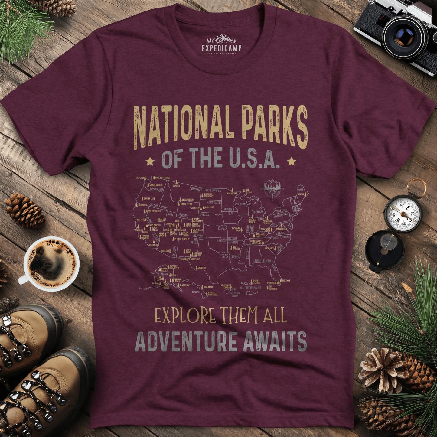 63 National Parks Of The USA Map T-Shirt – Heather Maroon – Outdoor apparel for travel, hiking, camping, and nature lovers – ExpediCamp