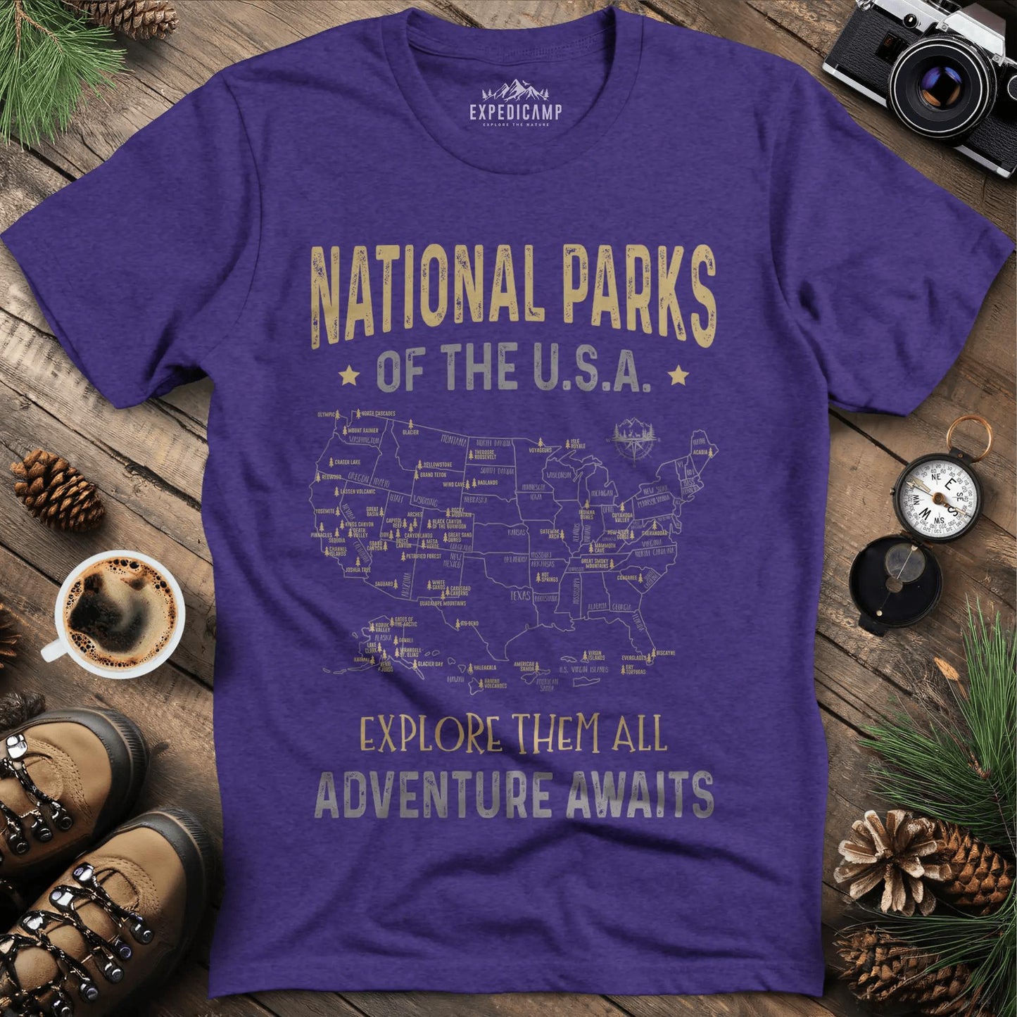 63 National Parks Of The USA Map T-Shirt – Heather Purple – Outdoor apparel for travel, hiking, camping, and nature lovers – ExpediCamp