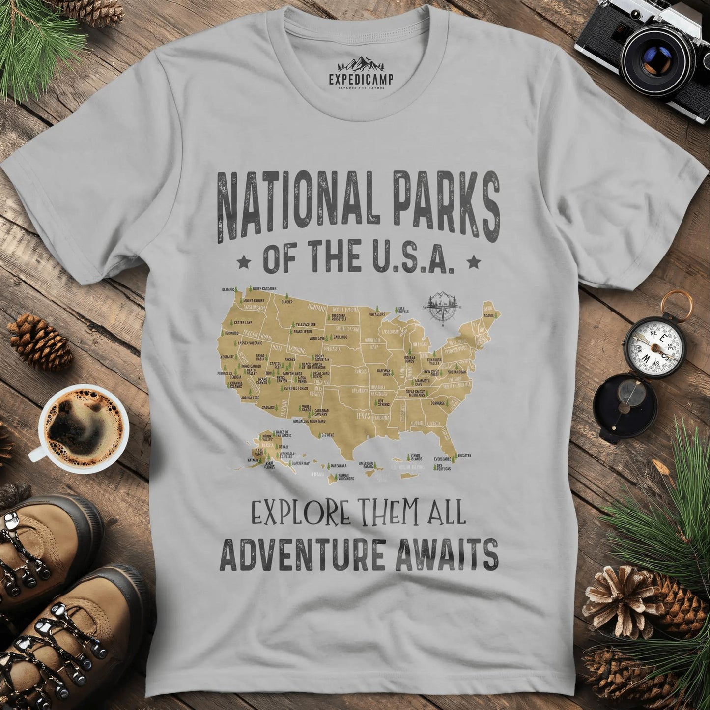 63 National Parks Of The USA Map T-Shirt – Ice Grey – Outdoor apparel for travel, hiking, camping, and nature lovers – ExpediCamp