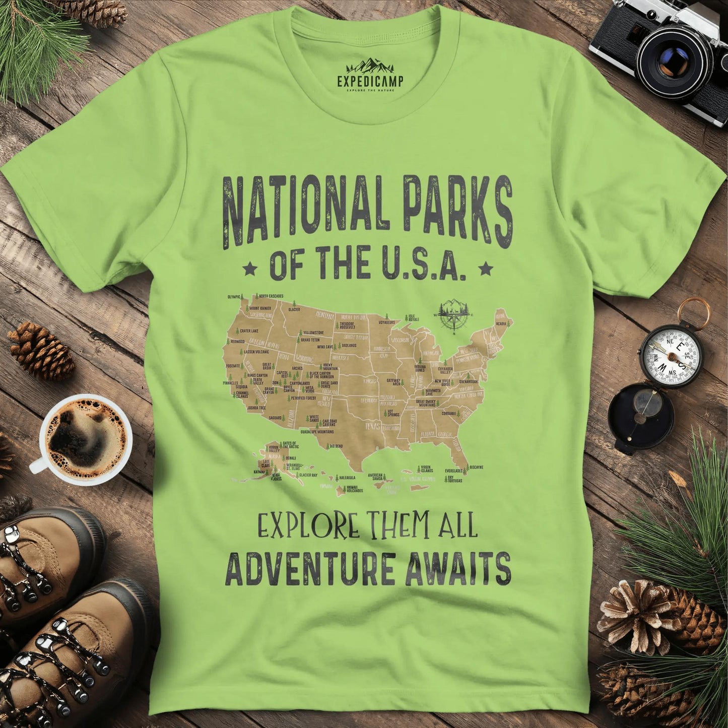 63 National Parks Of The USA Map T-Shirt – Kiwi – Outdoor apparel for travel, hiking, camping, and nature lovers – ExpediCamp