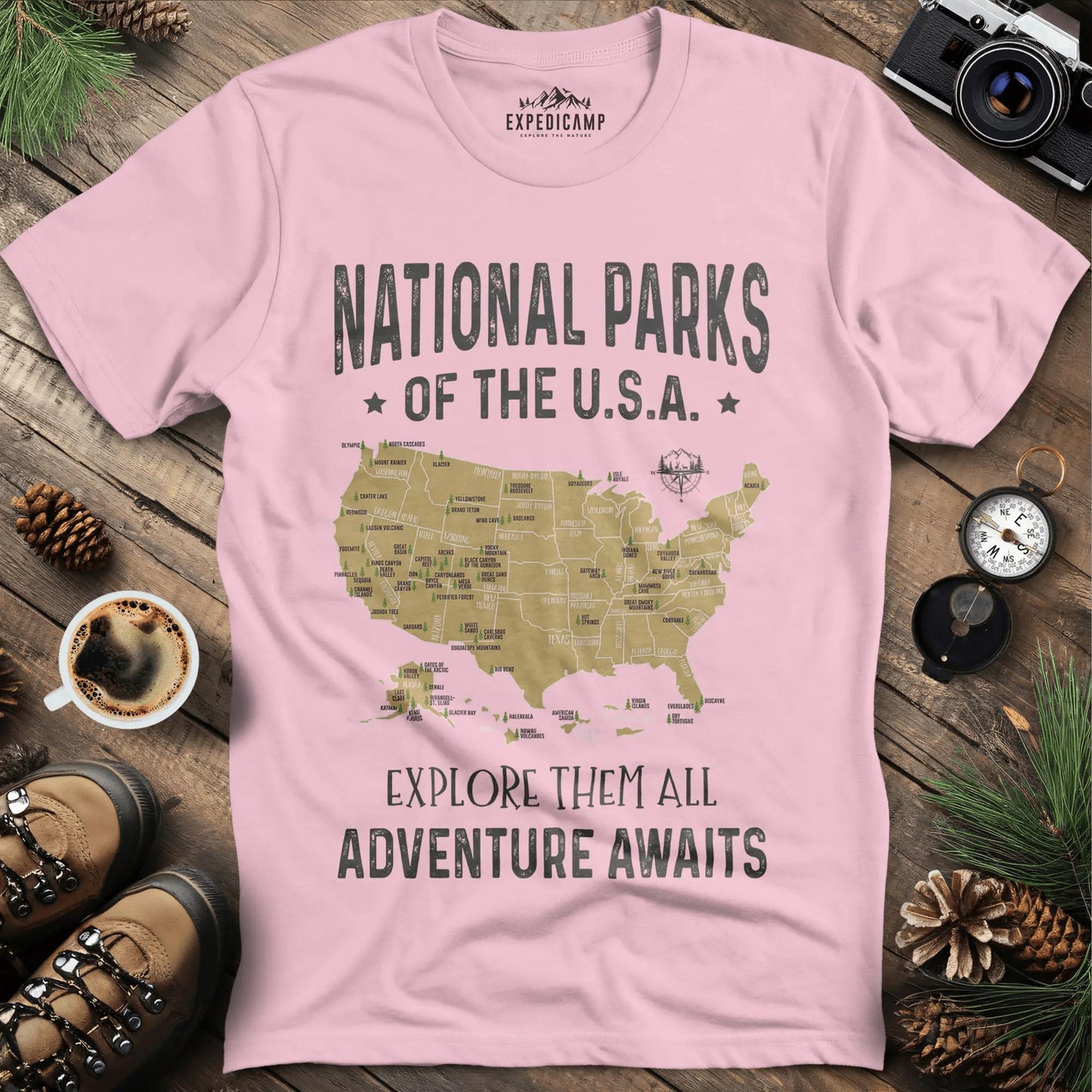 63 National Parks Of The USA Map T-Shirt – Light Pink – Outdoor apparel for travel, hiking, camping, and nature lovers – ExpediCamp