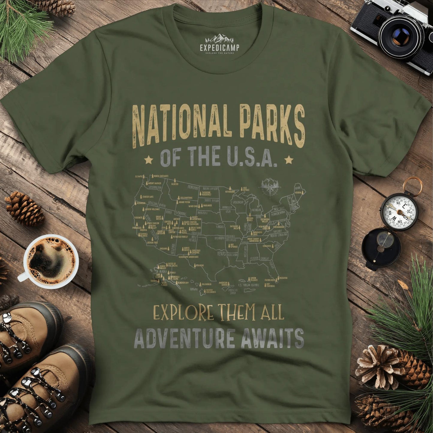 63 National Parks Of The USA Map T-Shirt – Military Green – Outdoor apparel for travel, hiking, camping, and nature lovers – ExpediCamp