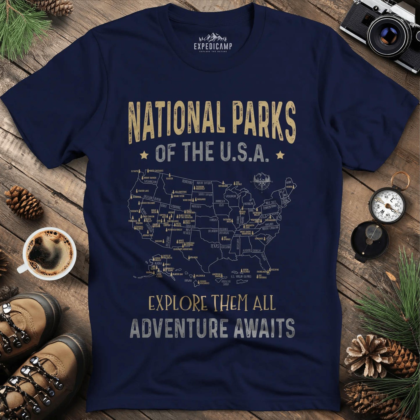 63 National Parks Of The USA Map T-Shirt – Navy – Outdoor apparel for travel, hiking, camping, and nature lovers – ExpediCamp