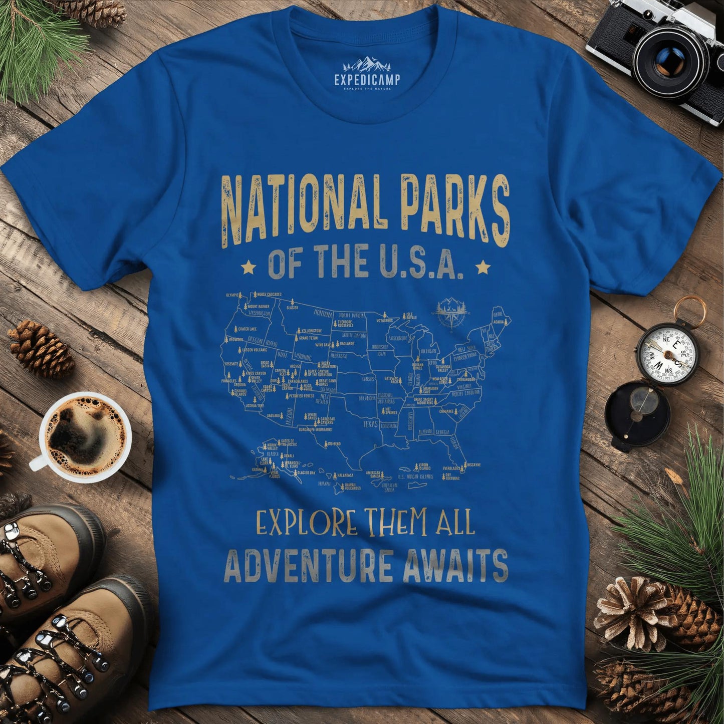 63 National Parks Of The USA Map T-Shirt – Royal – Outdoor apparel for travel, hiking, camping, and nature lovers – ExpediCamp
