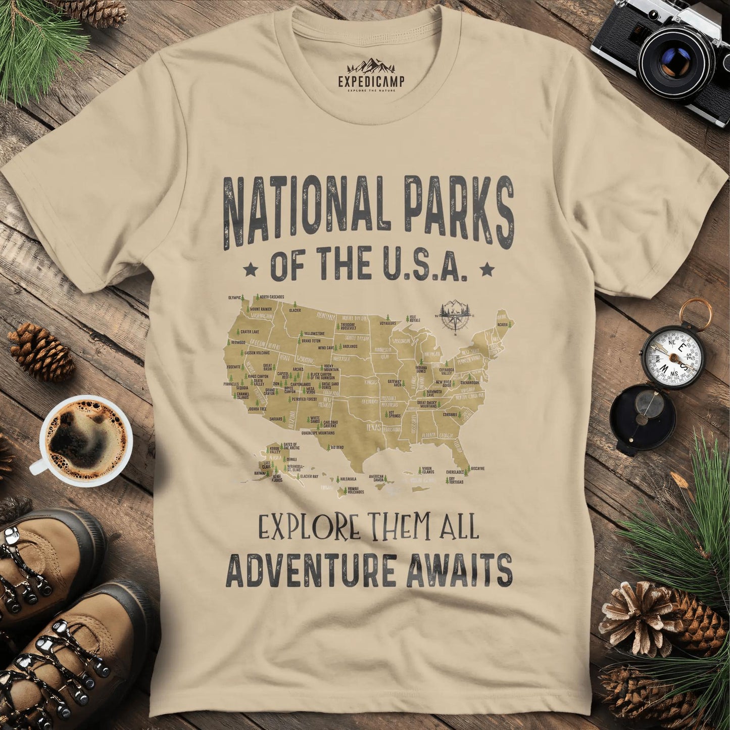 63 National Parks Of The USA Map T-Shirt – Sand – Outdoor apparel for travel, hiking, camping, and nature lovers – ExpediCamp