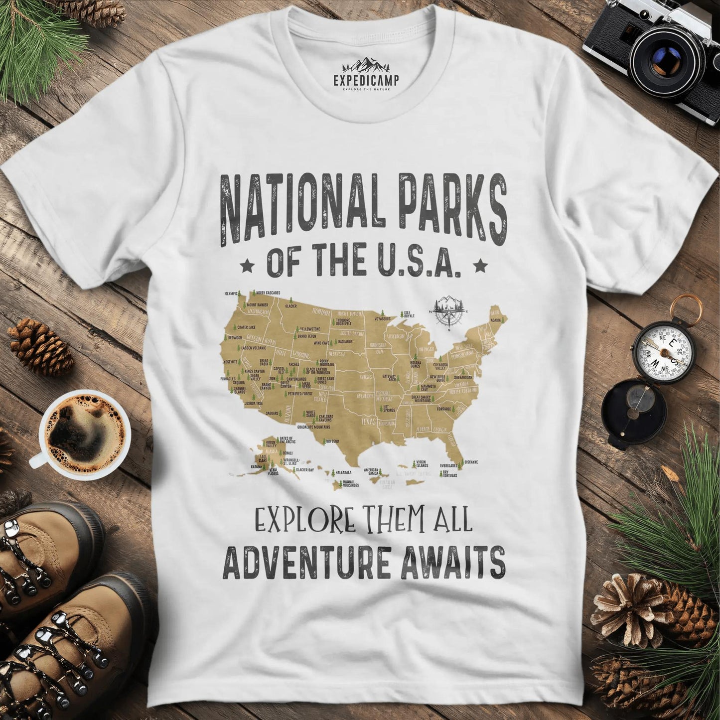 63 National Parks Of The USA Map T-Shirt – White – Outdoor apparel for travel, hiking, camping, and nature lovers – ExpediCamp