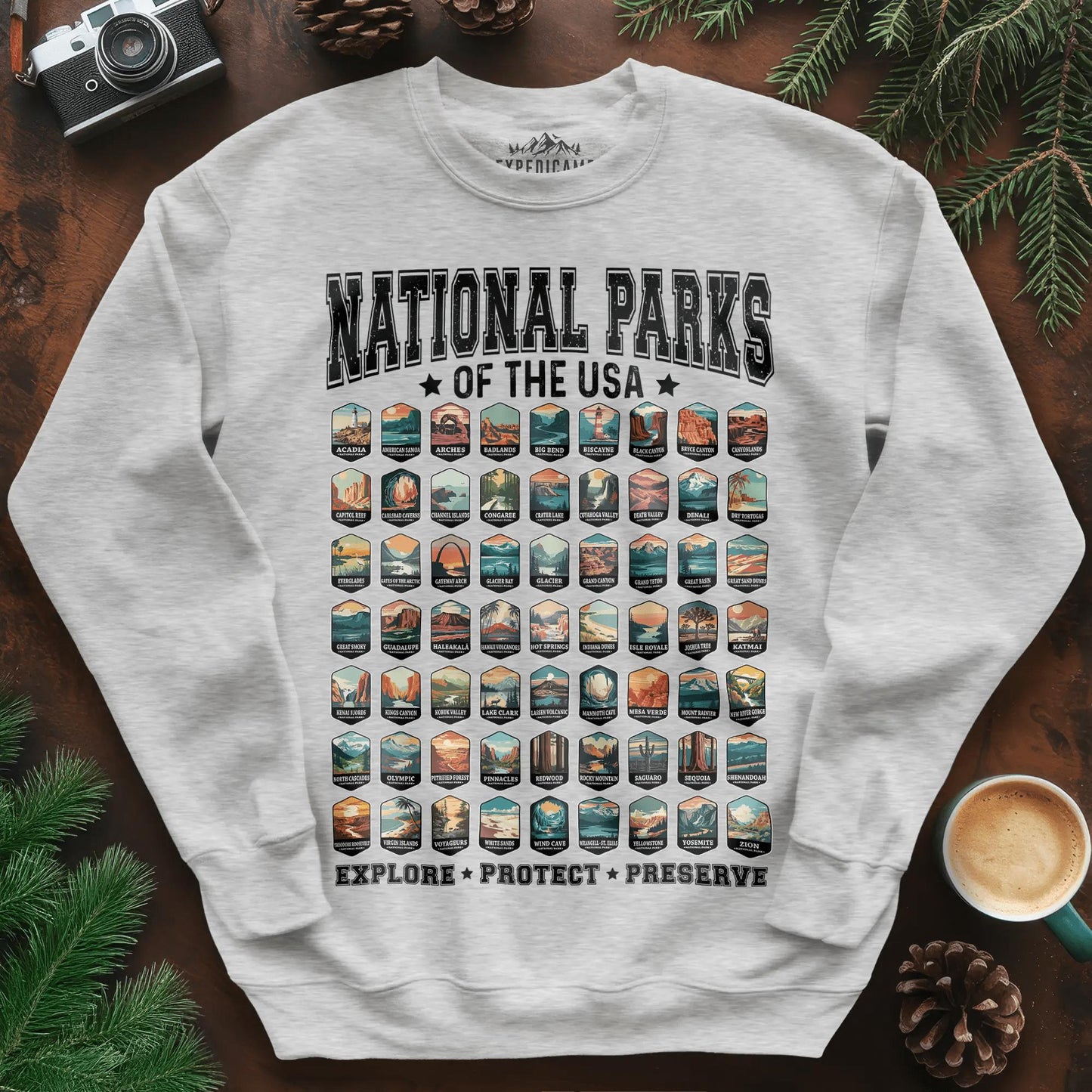 63 National Parks of the USA Sweatshirt | Explore, Protect, Preserve – Ash – Outdoor apparel for travel, hiking, camping, and nature lovers – ExpediCamp