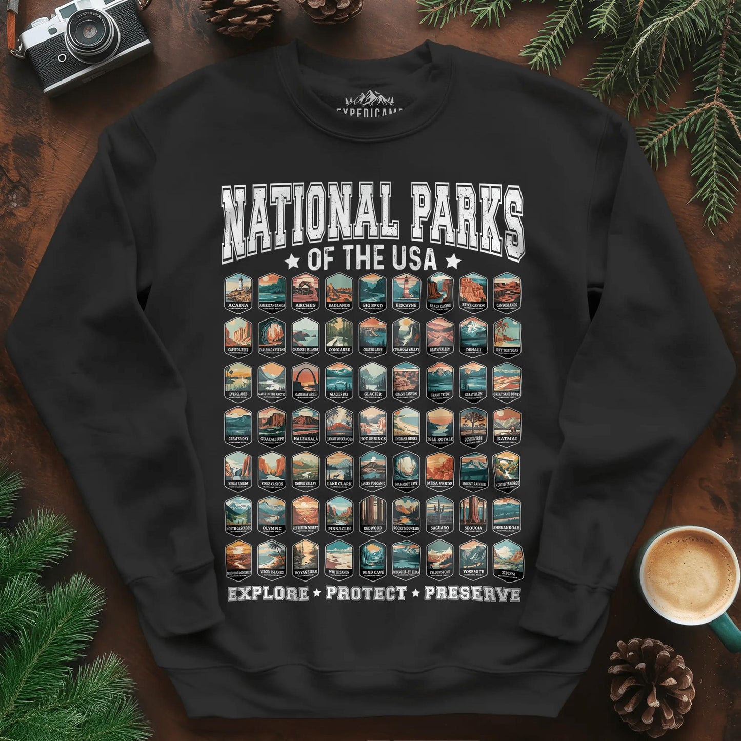 63 National Parks of the USA Sweatshirt | Explore, Protect, Preserve – Black – Outdoor apparel for travel, hiking, camping, and nature lovers – ExpediCamp