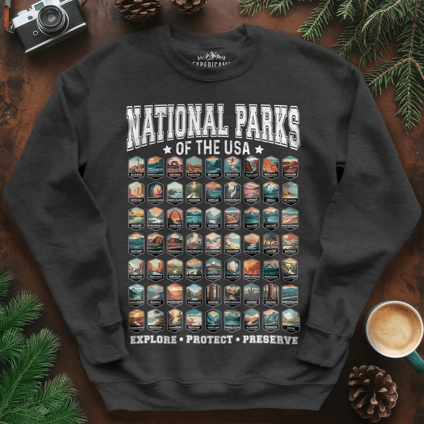 63 National Parks of the USA Sweatshirt | Explore, Protect, Preserve – Dark Heather – Outdoor apparel for travel, hiking, camping, and nature lovers – ExpediCamp