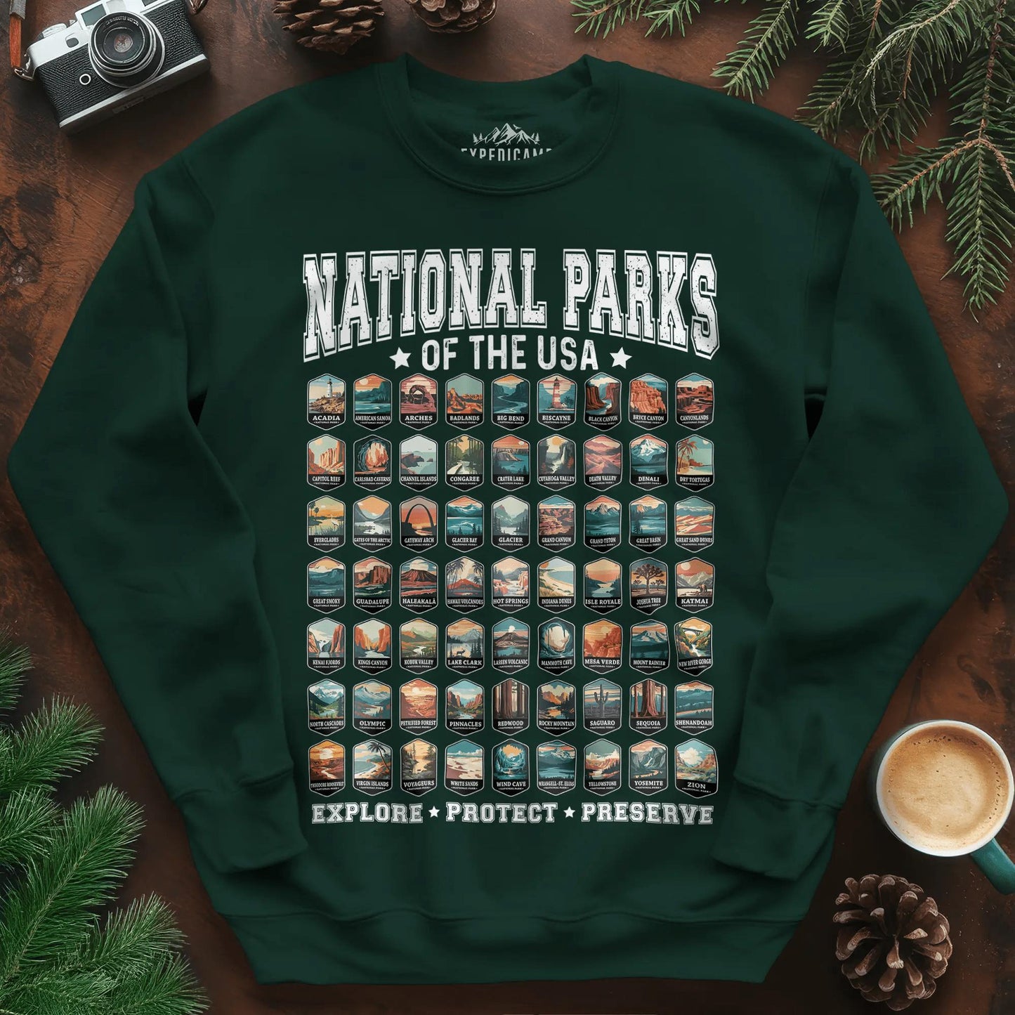 63 National Parks of the USA Sweatshirt | Explore, Protect, Preserve – Forest Green – Outdoor apparel for travel, hiking, camping, and nature lovers – ExpediCamp