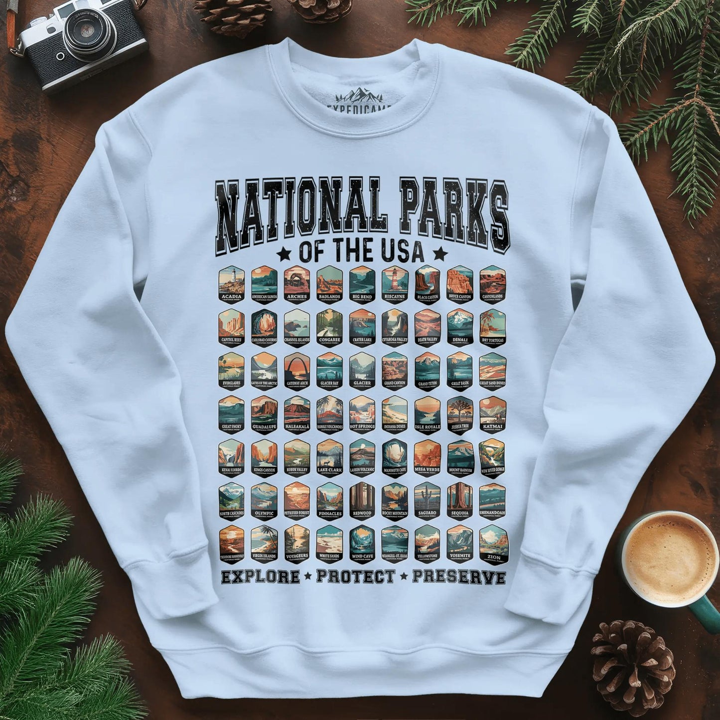 63 National Parks of the USA Sweatshirt | Explore, Protect, Preserve – Light Blue – Outdoor apparel for travel, hiking, camping, and nature lovers – ExpediCamp