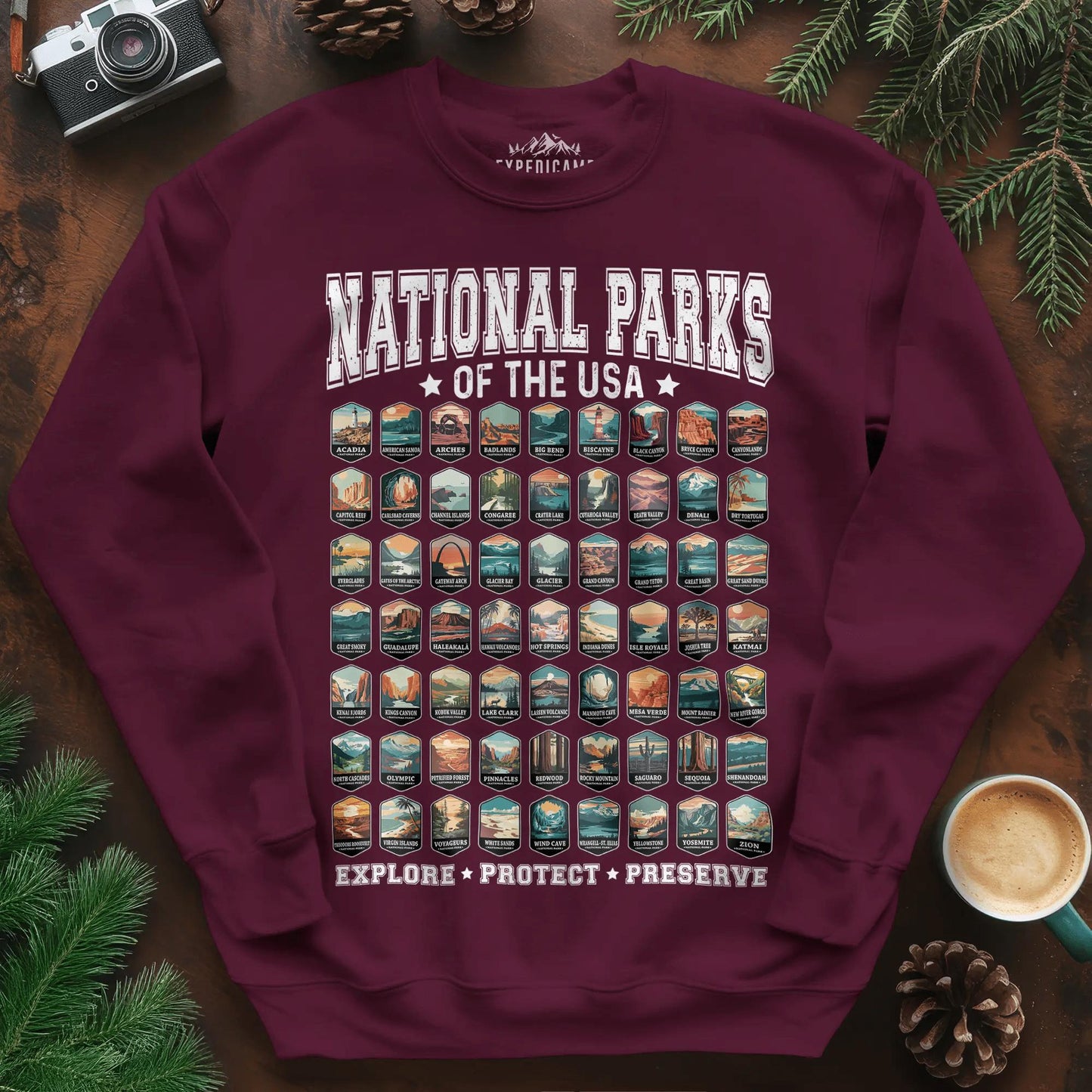 63 National Parks of the USA Sweatshirt | Explore, Protect, Preserve – Maroon – Outdoor apparel for travel, hiking, camping, and nature lovers – ExpediCamp