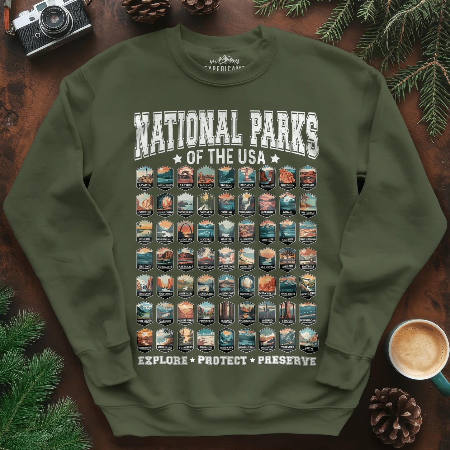 63 National Parks of the USA Sweatshirt | Explore, Protect, Preserve – Military Green – Outdoor apparel for travel, hiking, camping, and nature lovers – ExpediCamp