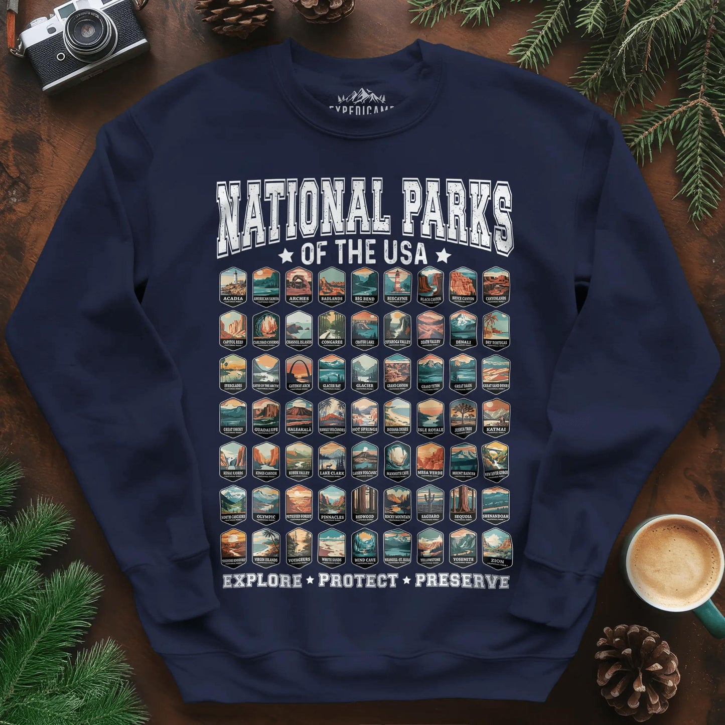 63 National Parks of the USA Sweatshirt | Explore, Protect, Preserve – Navy – Outdoor apparel for travel, hiking, camping, and nature lovers – ExpediCamp