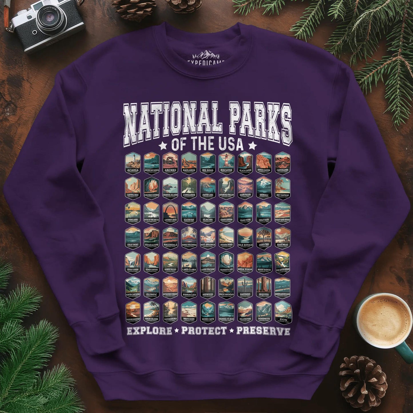 63 National Parks of the USA Sweatshirt | Explore, Protect, Preserve – Purple – Outdoor apparel for travel, hiking, camping, and nature lovers – ExpediCamp