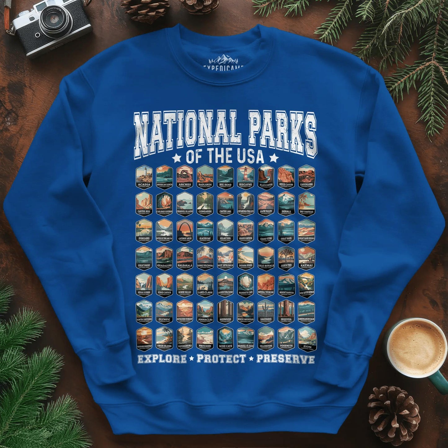 63 National Parks of the USA Sweatshirt | Explore, Protect, Preserve – Royal – Outdoor apparel for travel, hiking, camping, and nature lovers – ExpediCamp