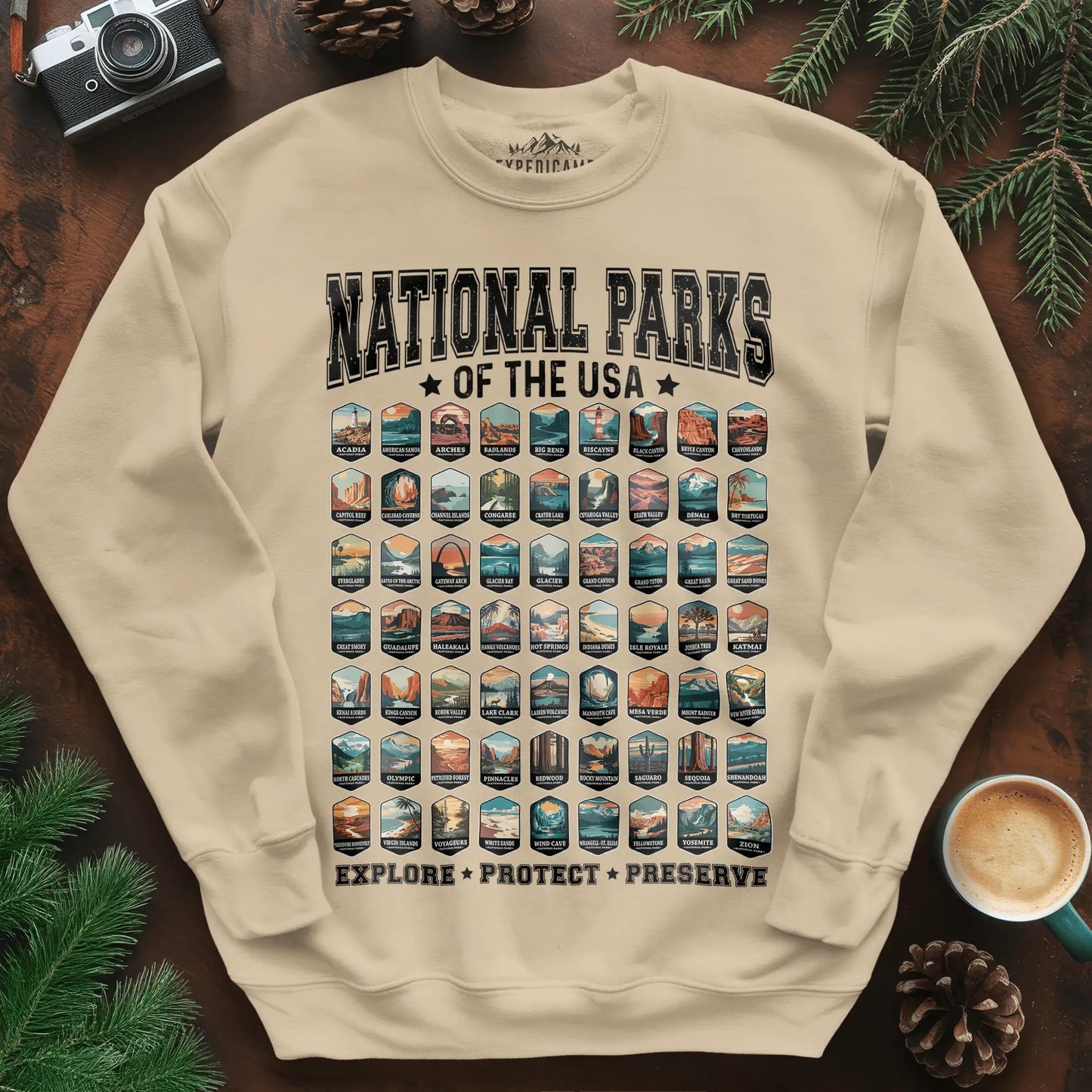 63 National Parks of the USA Sweatshirt | Explore, Protect, Preserve – Sand – Outdoor apparel for travel, hiking, camping, and nature lovers – ExpediCamp