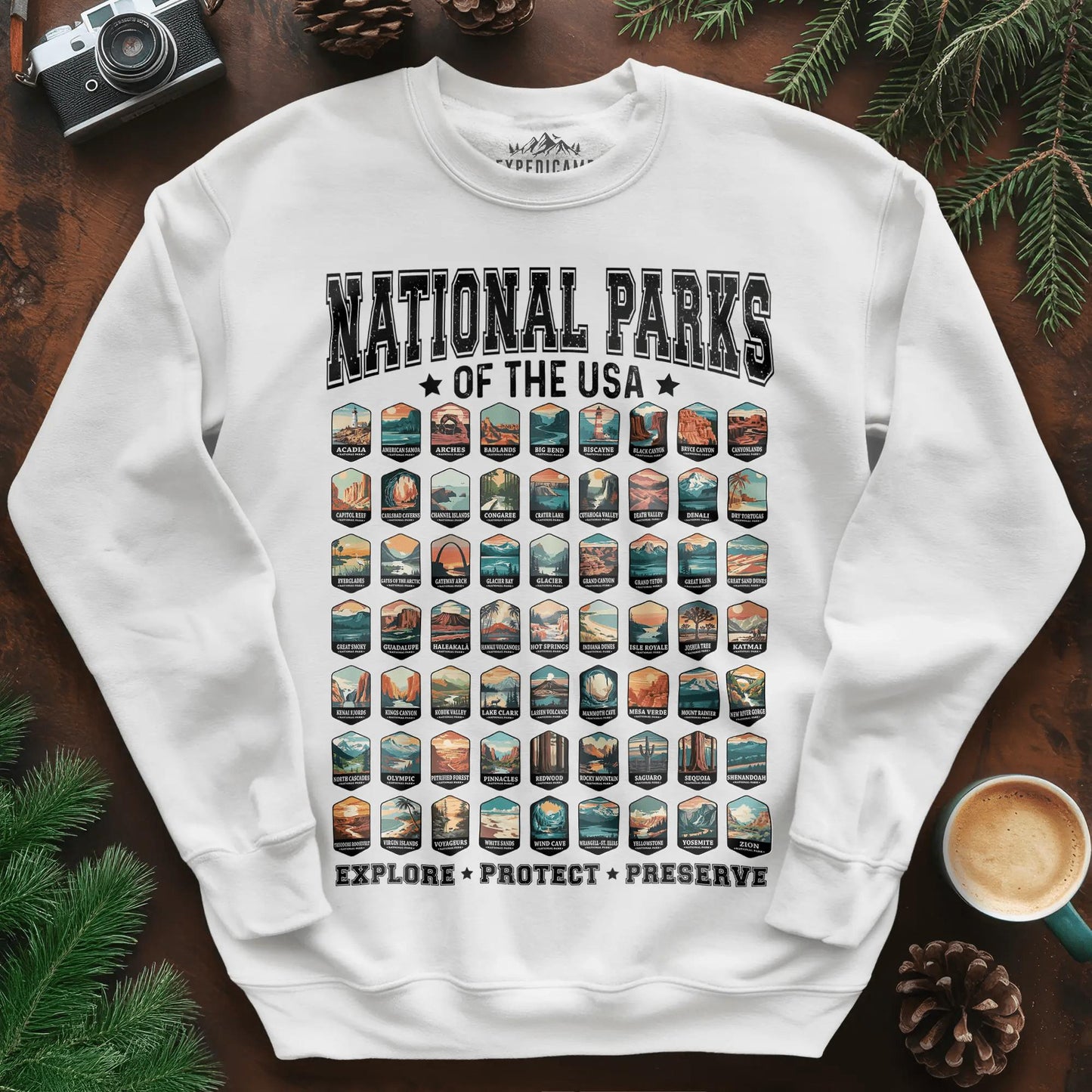 63 National Parks of the USA Sweatshirt | Explore, Protect, Preserve – White – Outdoor apparel for travel, hiking, camping, and nature lovers – ExpediCamp