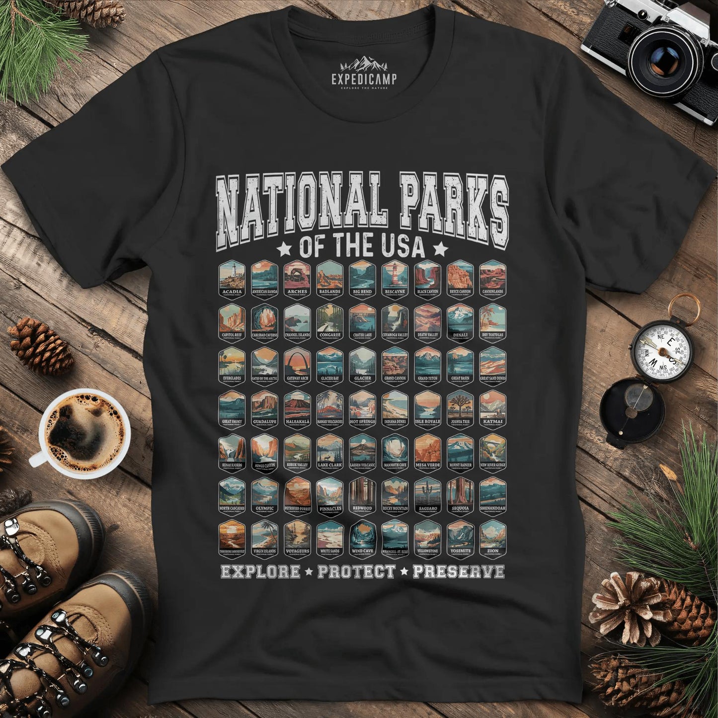 63 National Parks of the USA T-Shirt | Explore, Protect, Preserve – Black – Outdoor apparel for travel, hiking, camping, and nature lovers – ExpediCamp