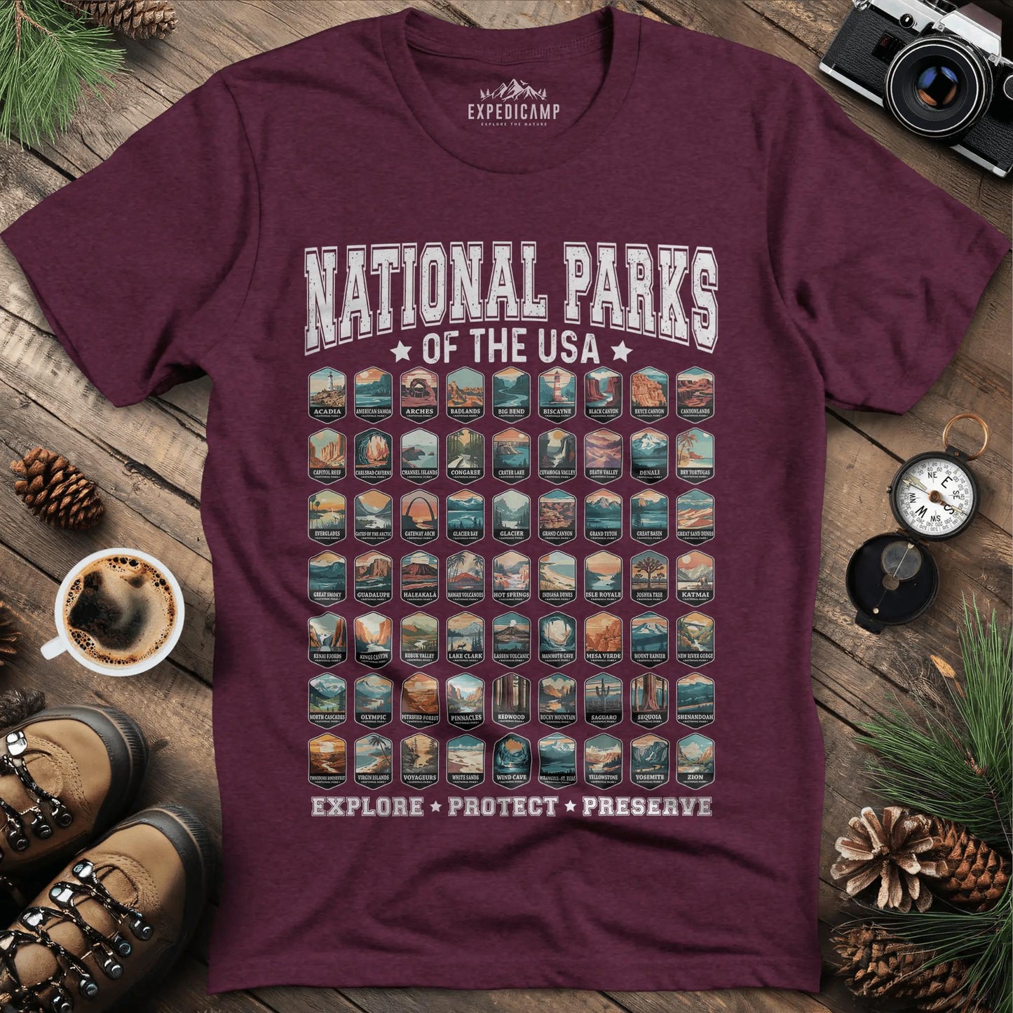63 National Parks of the USA T-Shirt | Explore, Protect, Preserve – Heather Maroon – Outdoor apparel for travel, hiking, camping, and nature lovers – ExpediCamp