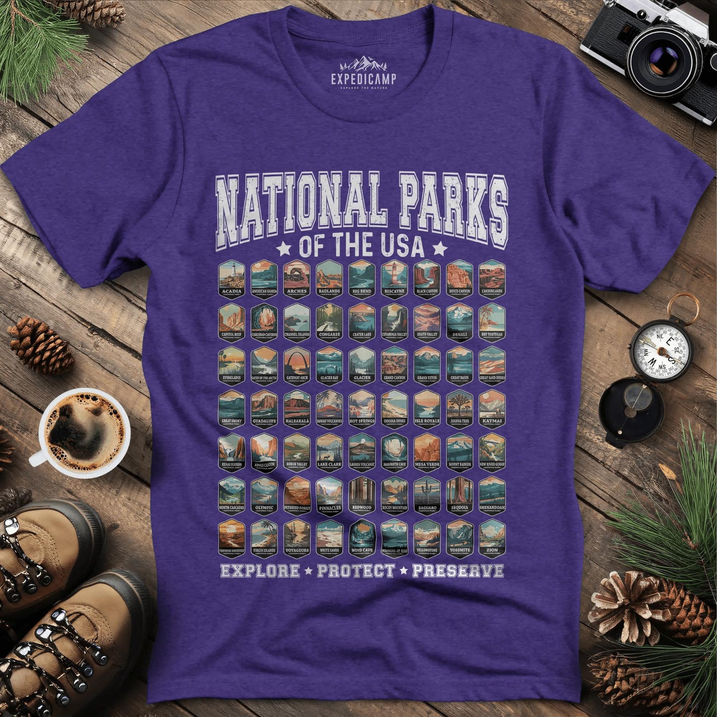 63 National Parks of the USA T-Shirt | Explore, Protect, Preserve – Heather Purple – Outdoor apparel for travel, hiking, camping, and nature lovers – ExpediCamp
