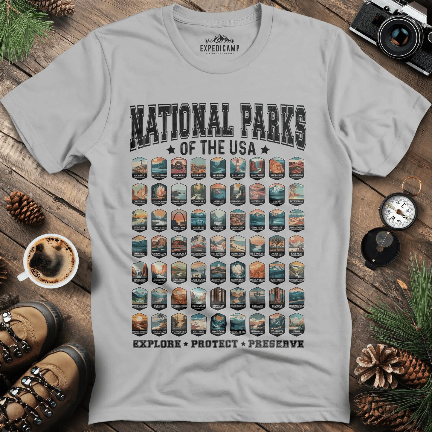 63 National Parks of the USA T-Shirt | Explore, Protect, Preserve – Ice Grey – Outdoor apparel for travel, hiking, camping, and nature lovers – ExpediCamp