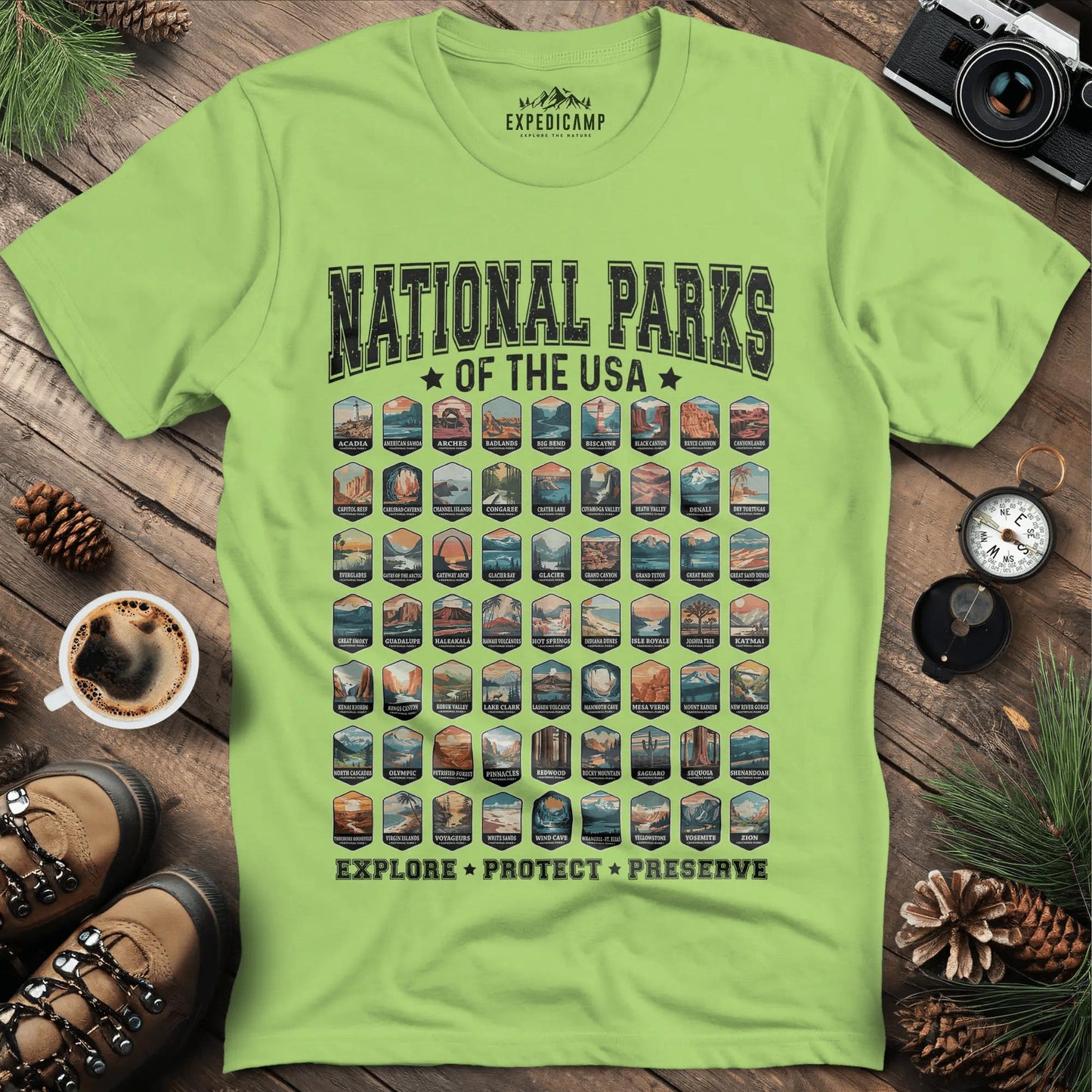 63 National Parks of the USA T-Shirt | Explore, Protect, Preserve – Kiwi – Outdoor apparel for travel, hiking, camping, and nature lovers – ExpediCamp