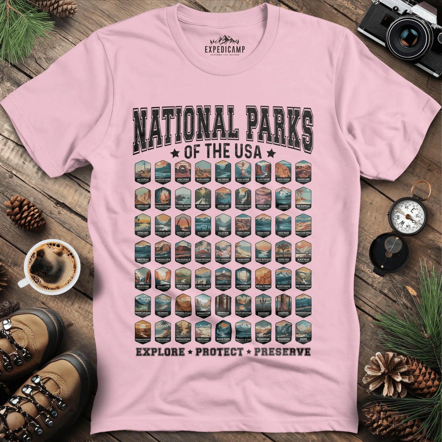 63 National Parks of the USA T-Shirt | Explore, Protect, Preserve – Light Pink – Outdoor apparel for travel, hiking, camping, and nature lovers – ExpediCamp