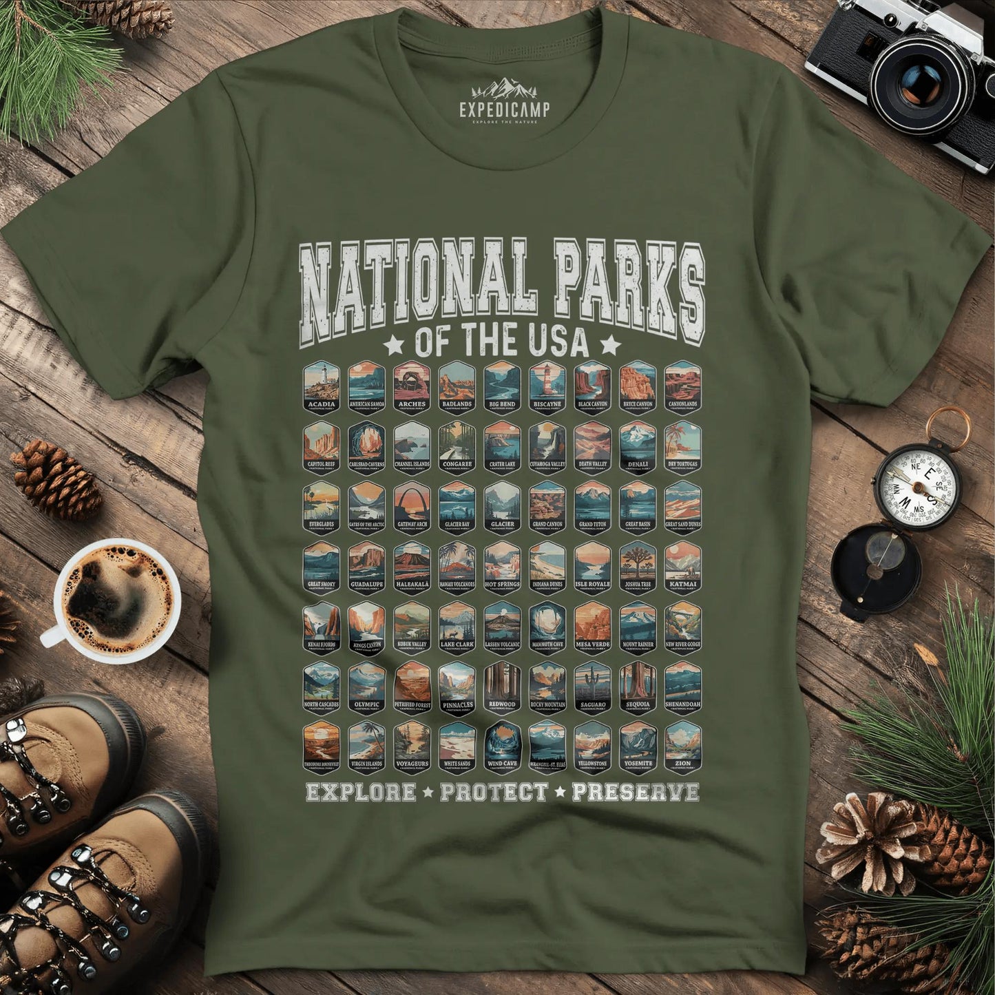 63 National Parks of the USA T-Shirt | Explore, Protect, Preserve – Military Green – Outdoor apparel for travel, hiking, camping, and nature lovers – ExpediCamp