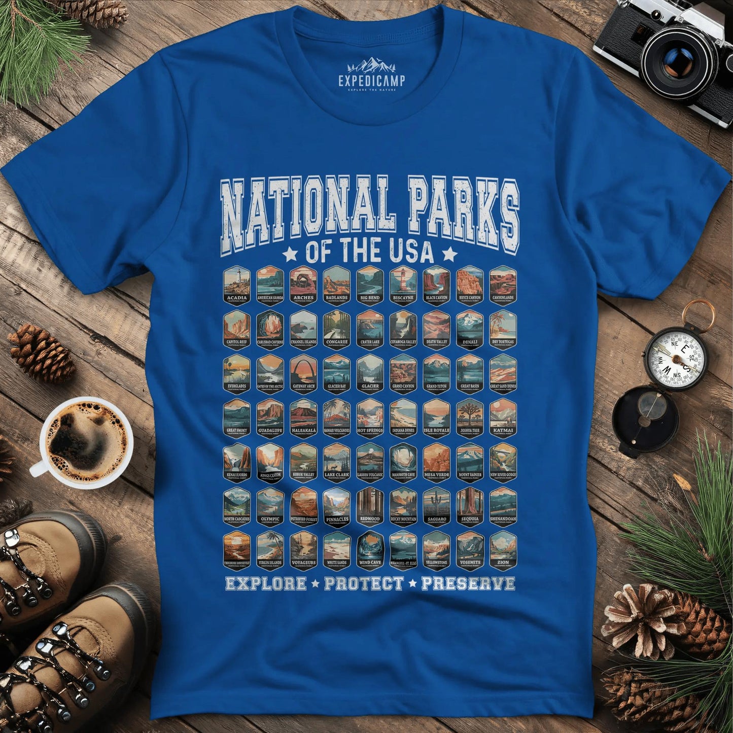 63 National Parks of the USA T-Shirt | Explore, Protect, Preserve – Royal – Outdoor apparel for travel, hiking, camping, and nature lovers – ExpediCamp