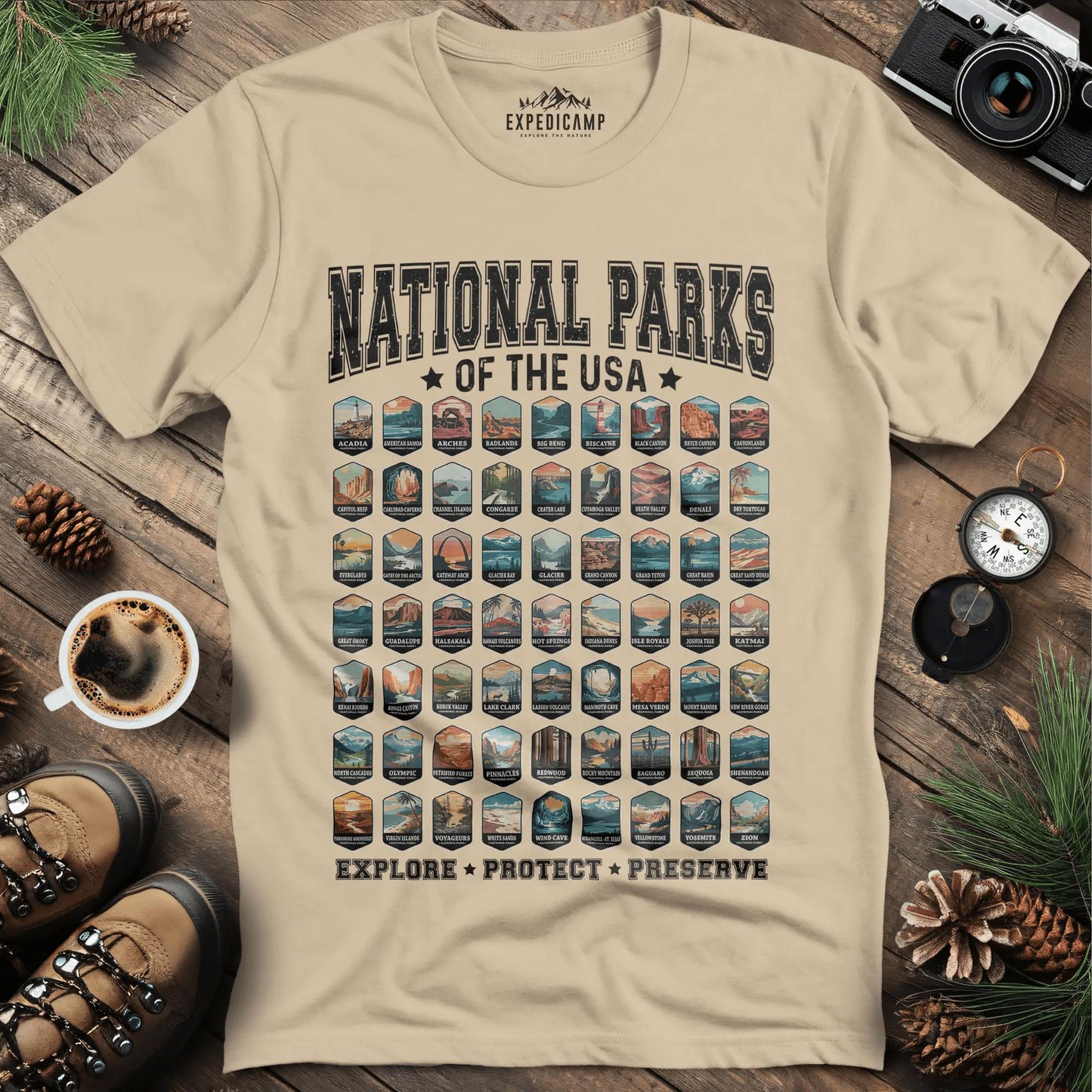 63 National Parks of the USA T-Shirt | Explore, Protect, Preserve – Sand – Outdoor apparel for travel, hiking, camping, and nature lovers – ExpediCamp