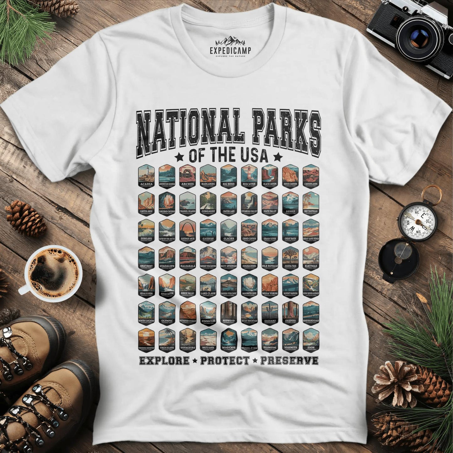 63 National Parks of the USA T-Shirt | Explore, Protect, Preserve – White – Outdoor apparel for travel, hiking, camping, and nature lovers – ExpediCamp