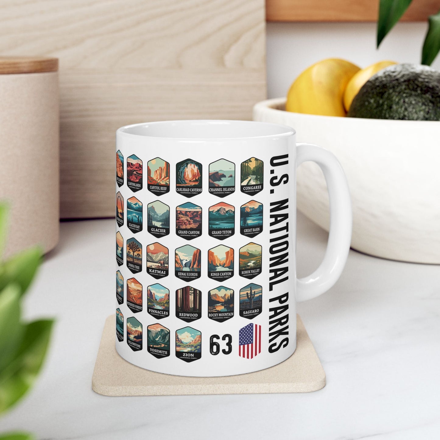 63 National Parks Of The USA White Ceramic Mug (11oz, 15oz) – 11oz – Outdoor apparel for travel, hiking, camping, and nature lovers – ExpediCamp