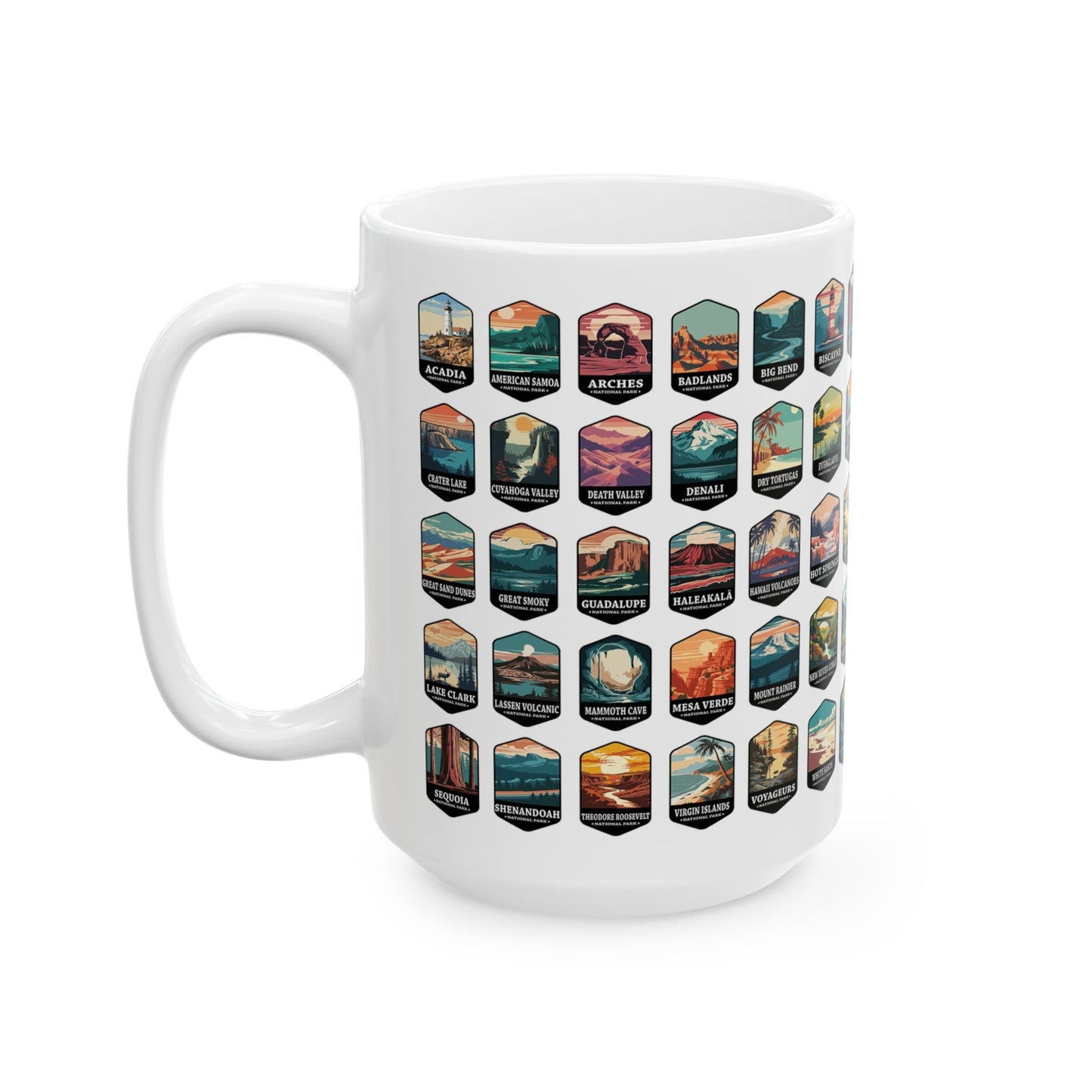 63 National Parks Of The USA White Ceramic Mug (11oz, 15oz) – – Outdoor apparel for travel, hiking, camping, and nature lovers – ExpediCamp
