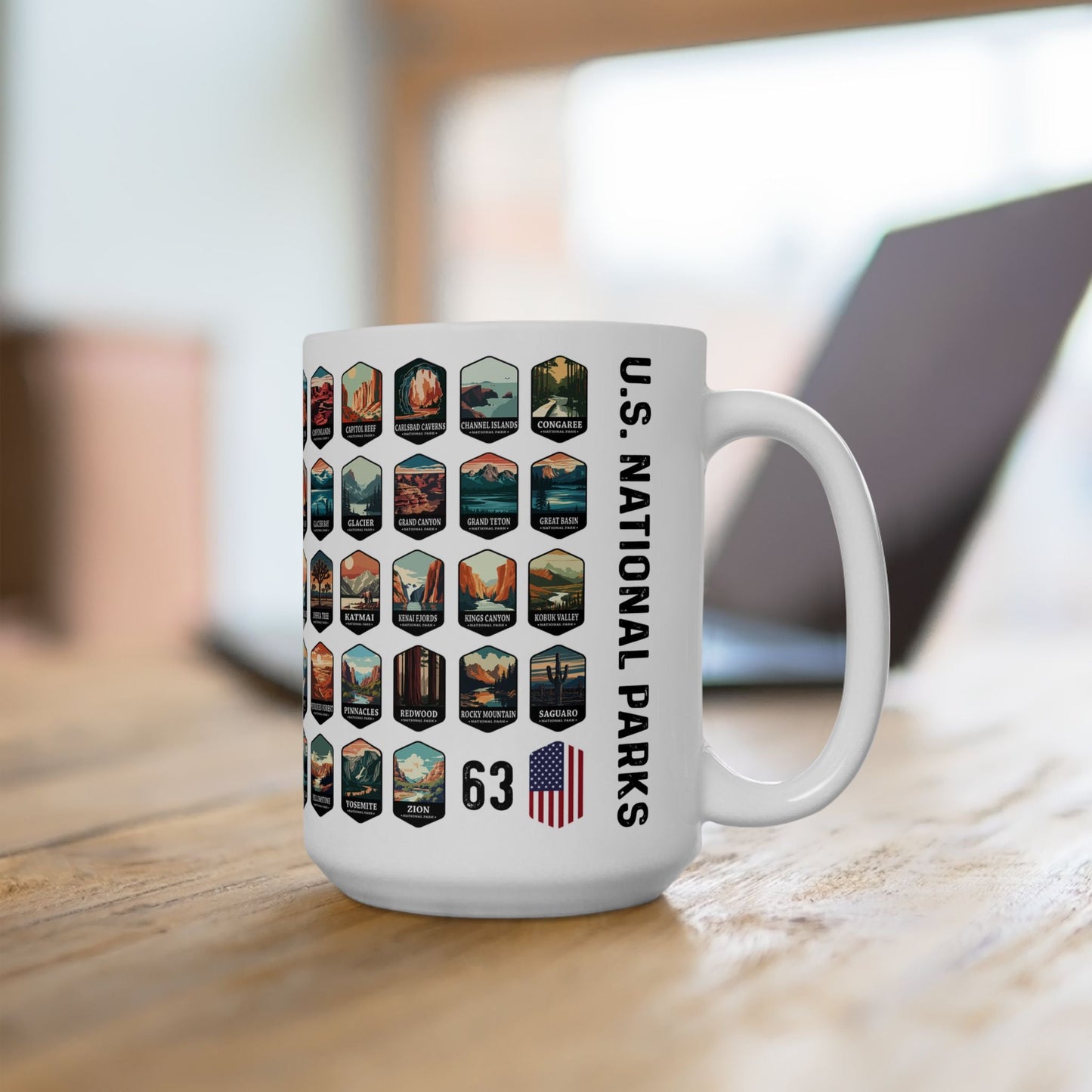 63 National Parks Of The USA White Ceramic Mug (11oz, 15oz) – 15oz – Outdoor apparel for travel, hiking, camping, and nature lovers – ExpediCamp