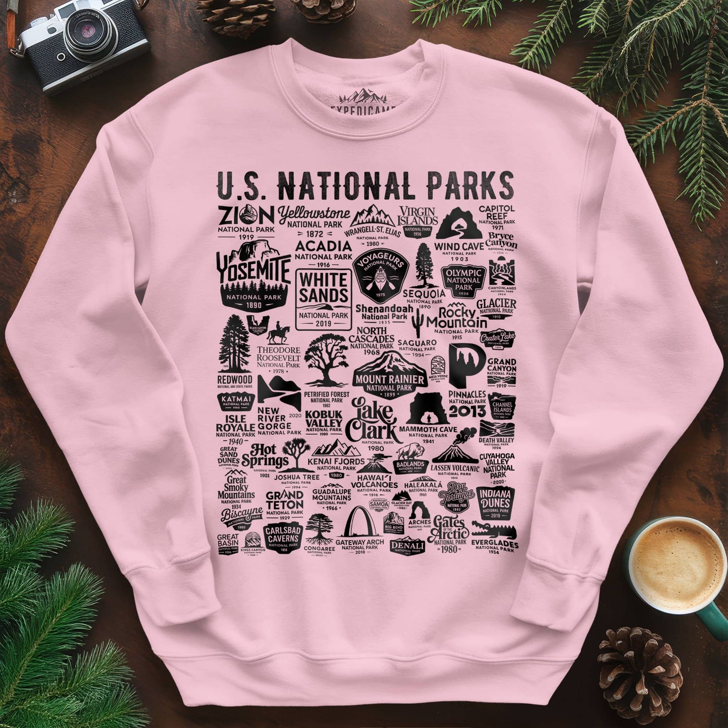 63 National Parks Vintage Logo Sweatshirt – Light Pink – Outdoor apparel for travel, hiking, camping, and nature lovers – ExpediCamp
