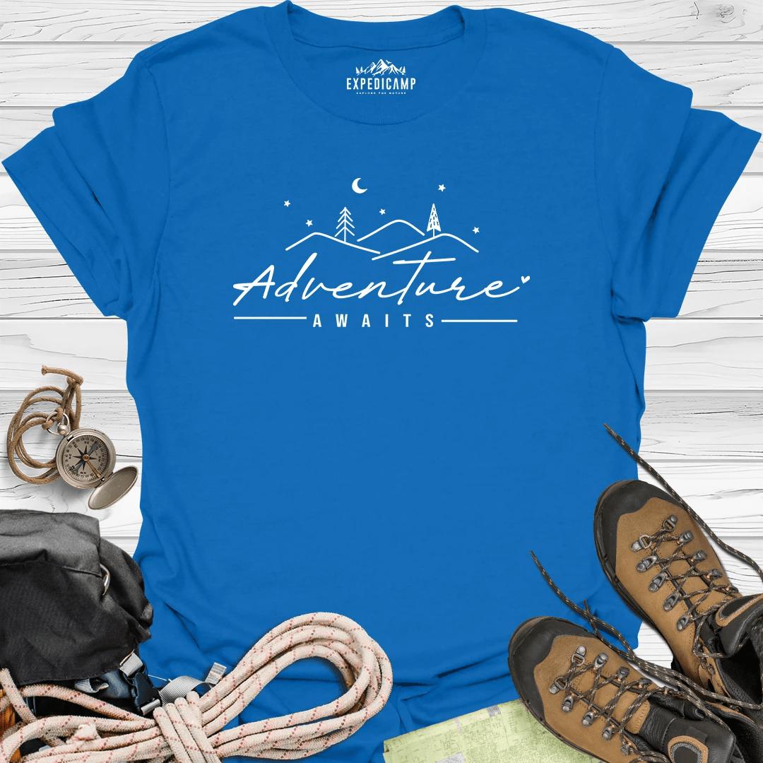 Adventure Awaits T-Shirt – Royal – Outdoor apparel for travel, hiking, camping, and nature lovers – ExpediCamp