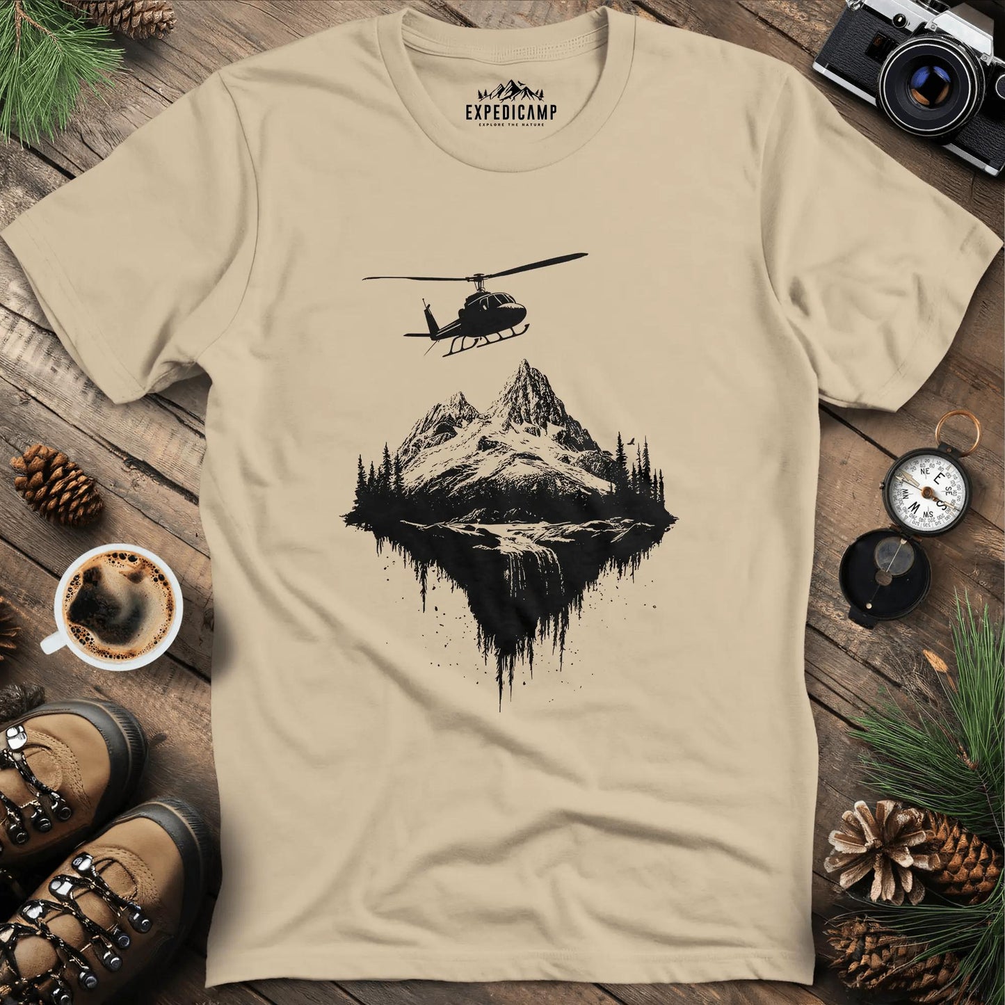 Adventure Helicopter T-Shirt – Sand – Outdoor apparel for travel, hiking, camping, and nature lovers – ExpediCamp