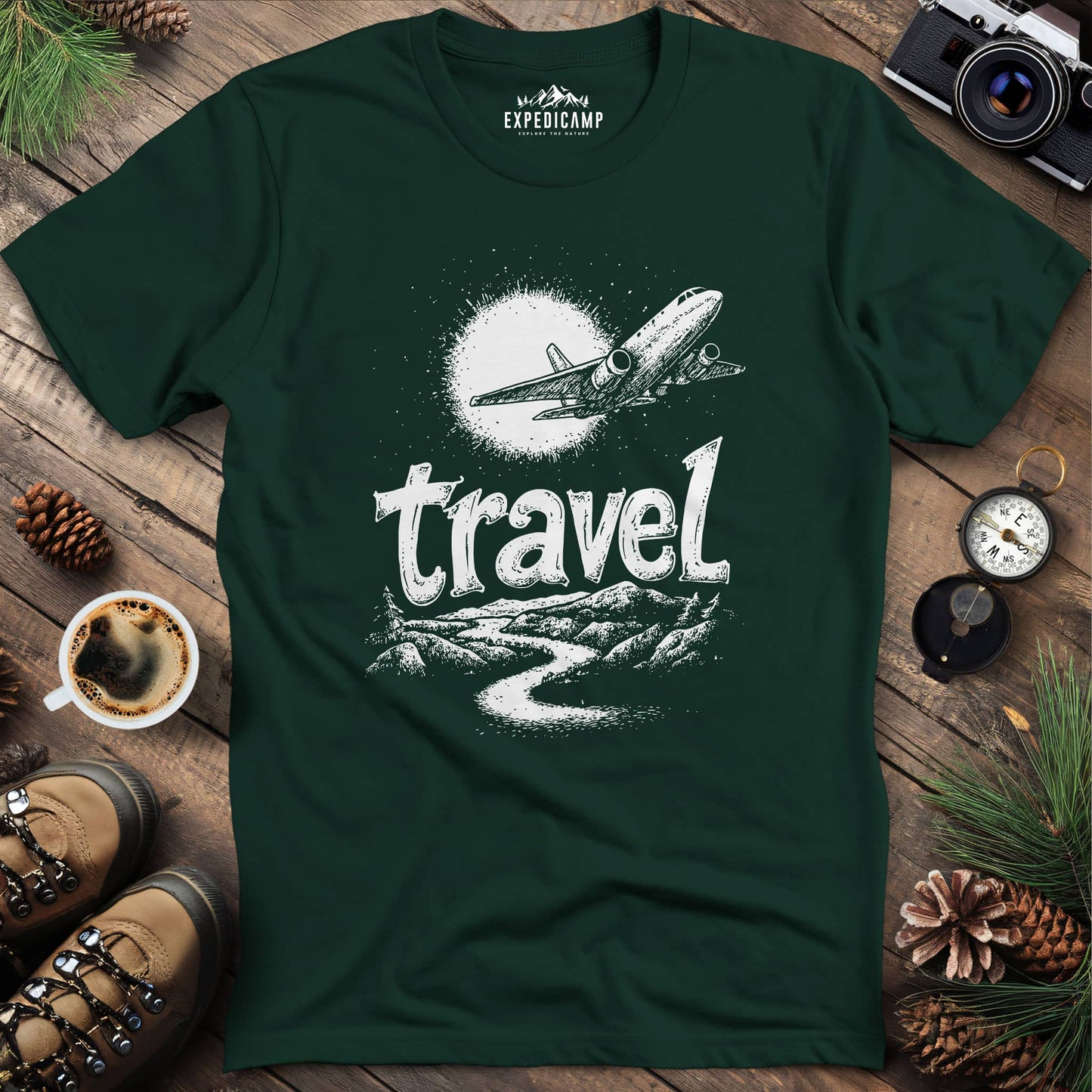 Adventure Travel Explorer T-Shirt – Forest Green – Outdoor apparel for travel, hiking, camping, and nature lovers – ExpediCamp