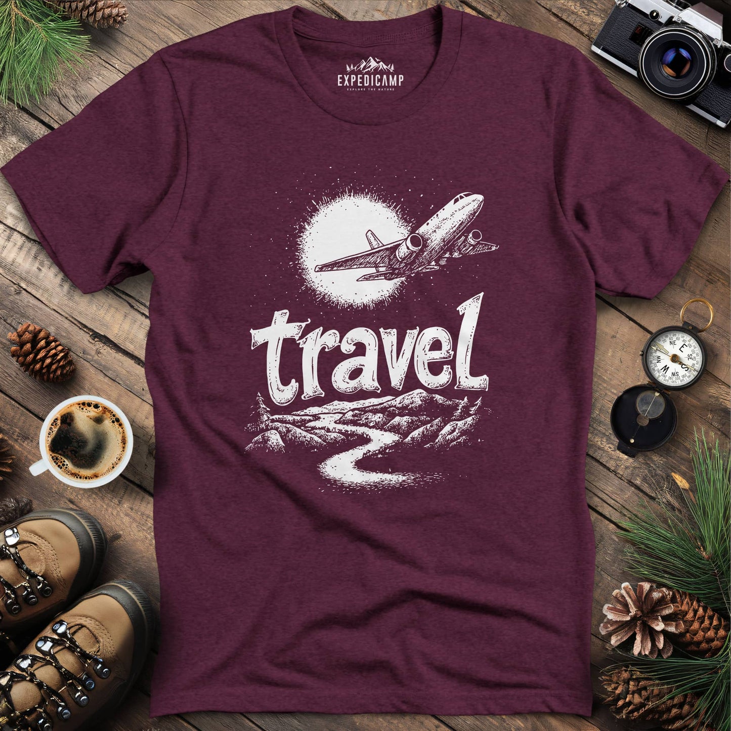 Adventure Travel Explorer T-Shirt – Heather Maroon – Outdoor apparel for travel, hiking, camping, and nature lovers – ExpediCamp