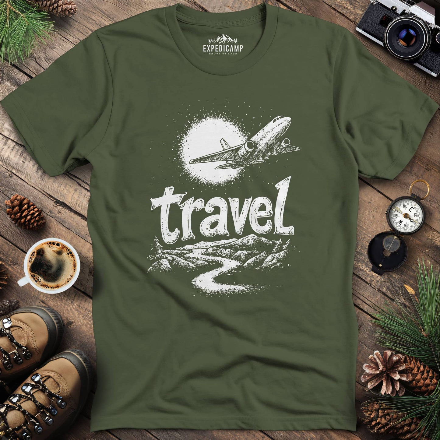 Adventure Travel Explorer T-Shirt – Military Green – Outdoor apparel for travel, hiking, camping, and nature lovers – ExpediCamp