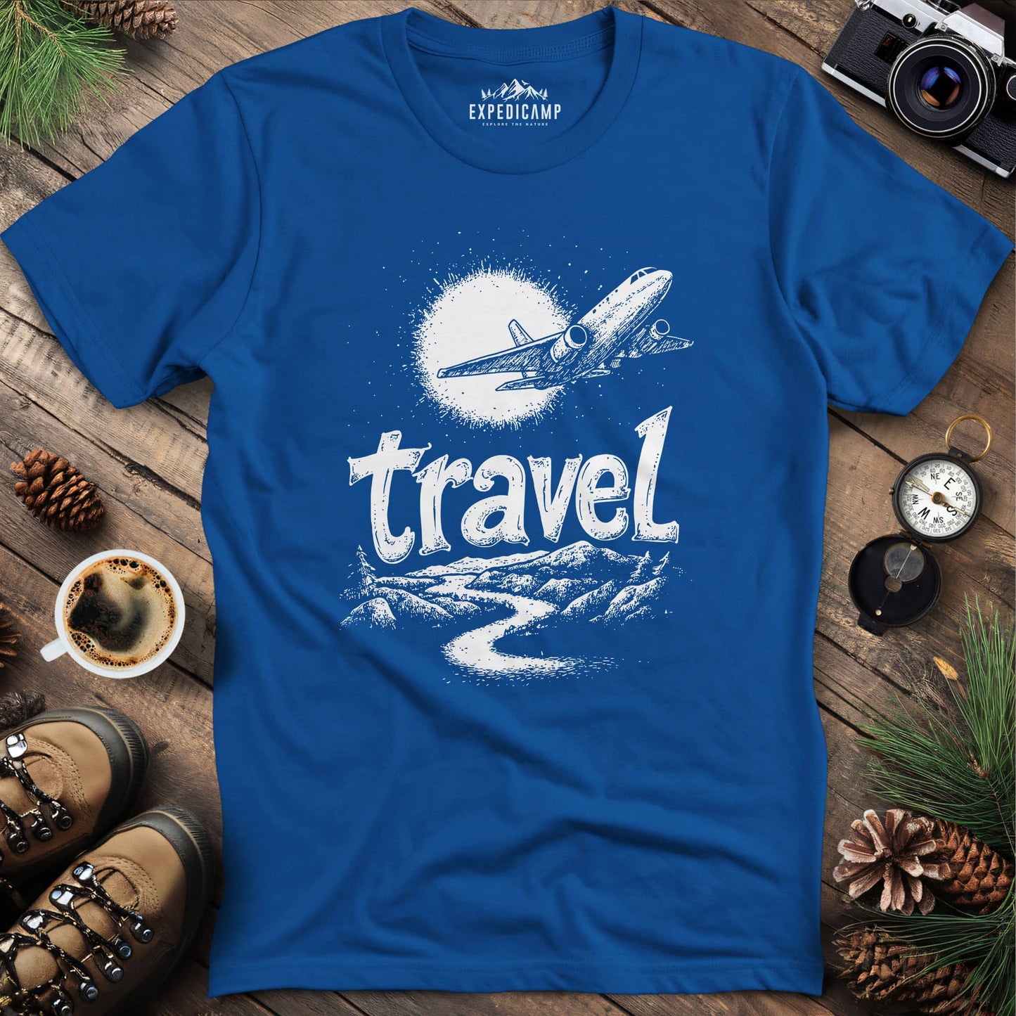 Adventure Travel Explorer T-Shirt – Royal – Outdoor apparel for travel, hiking, camping, and nature lovers – ExpediCamp