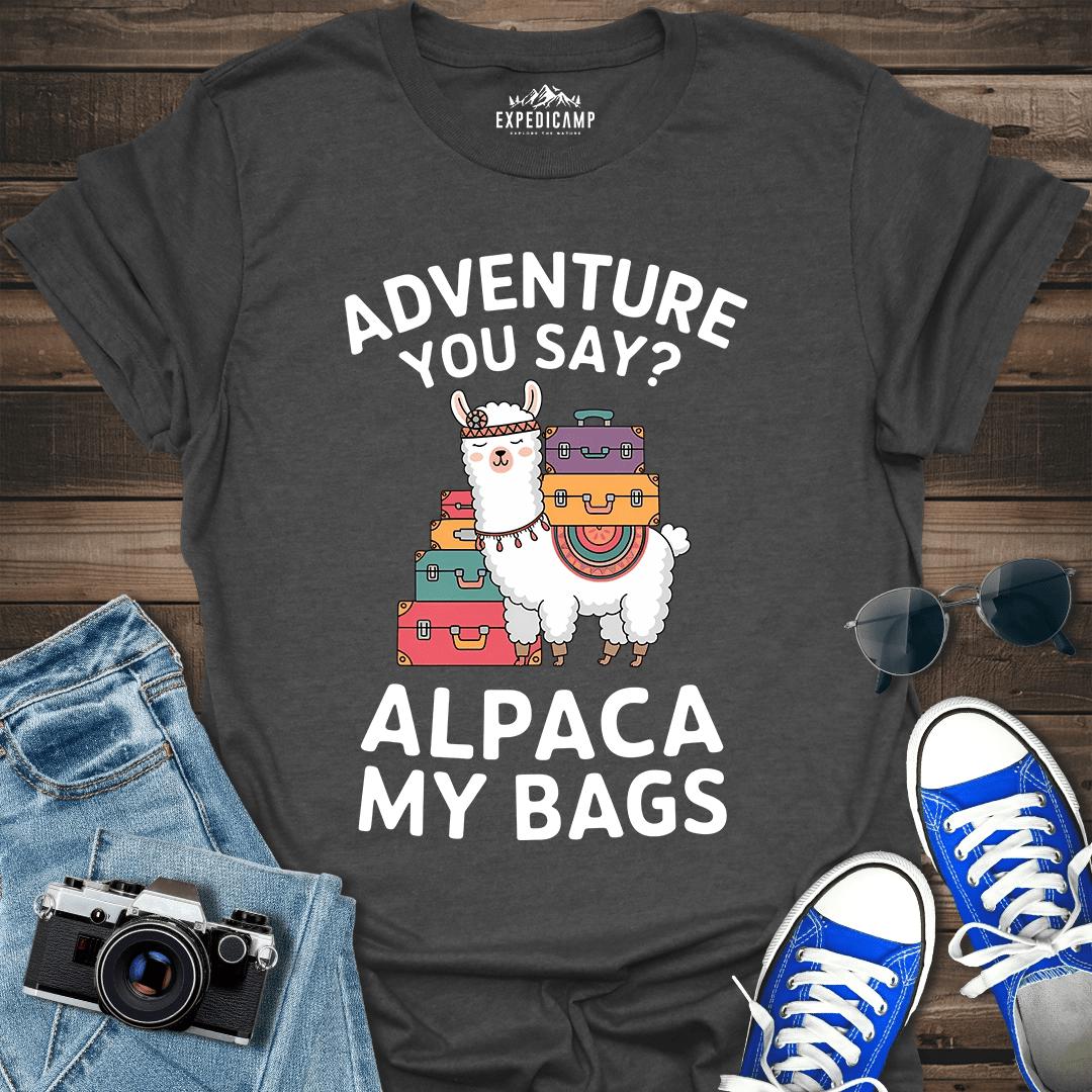 Adventure You Say Alpaca My Bags T-Shirt – Dark Heather – Outdoor apparel for travel, hiking, camping, and nature lovers – ExpediCamp