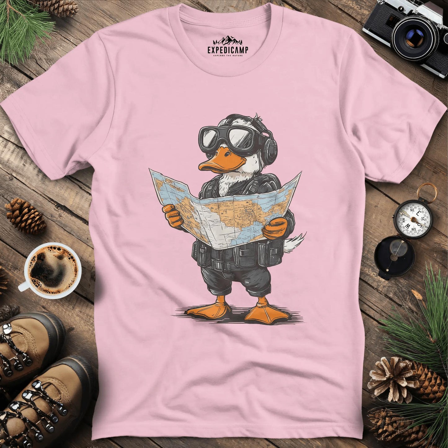 Adventurous Duck Navigator T-Shirt – Light Pink – Outdoor apparel for travel, hiking, camping, and nature lovers – ExpediCamp