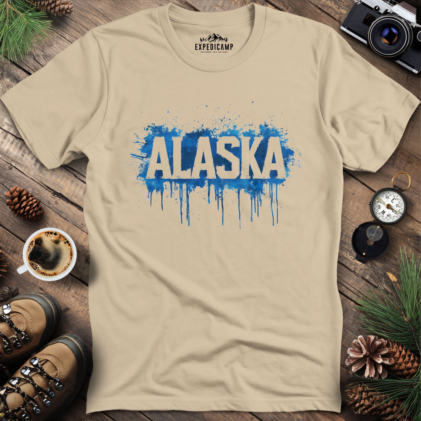 Alaska Travel Adventure T-Shirt – Sand – Outdoor apparel for travel, hiking, camping, and nature lovers – ExpediCamp