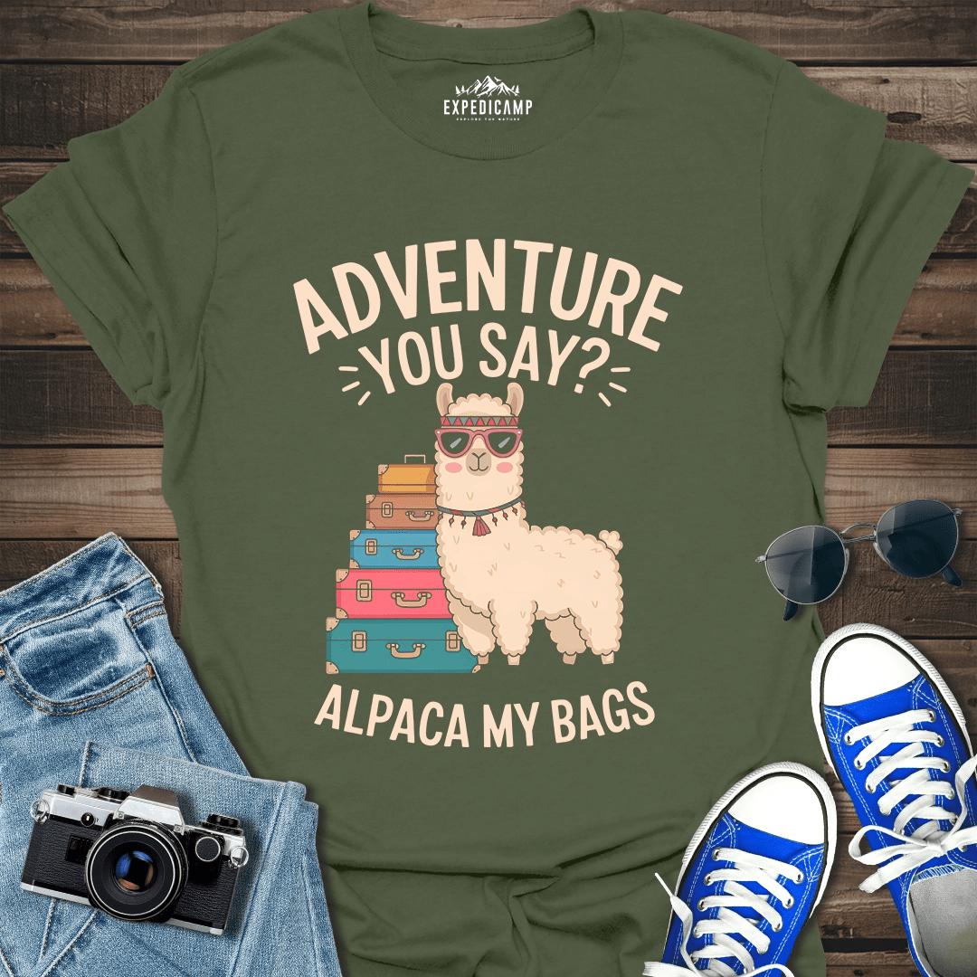 Alpaca My Bags T-Shirt – Military Green – Outdoor apparel for travel, hiking, camping, and nature lovers – ExpediCamp