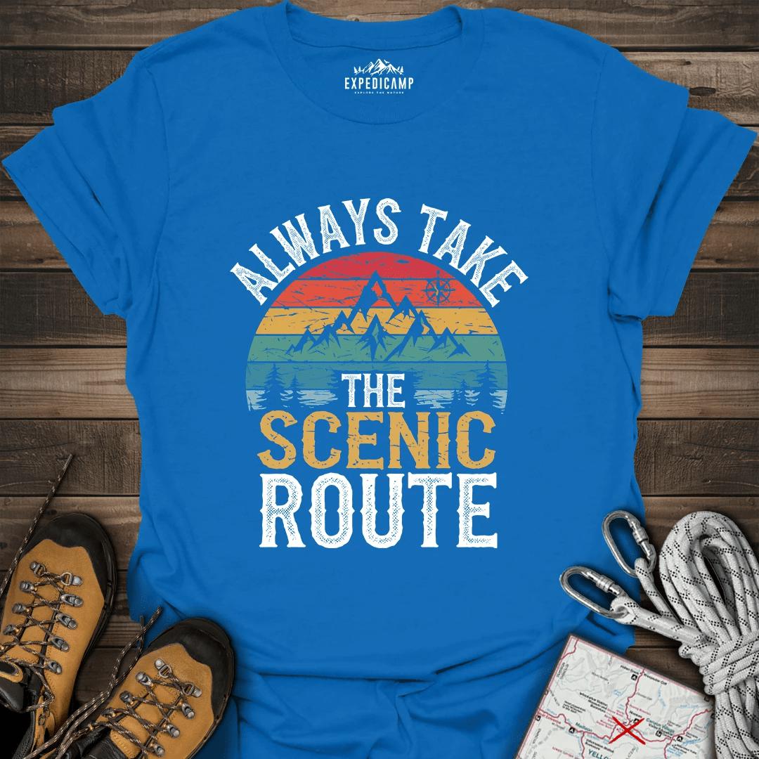 Always Take Scenic Route T-Shirt – Royal – Outdoor apparel for travel, hiking, camping, and nature lovers – ExpediCamp