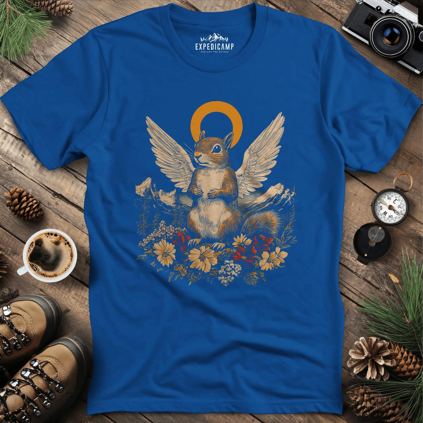 Angel Squirrel T-Shirt - Peanut's Guardian of Nature Design – Royal – Outdoor apparel for travel, hiking, camping, and nature lovers – ExpediCamp